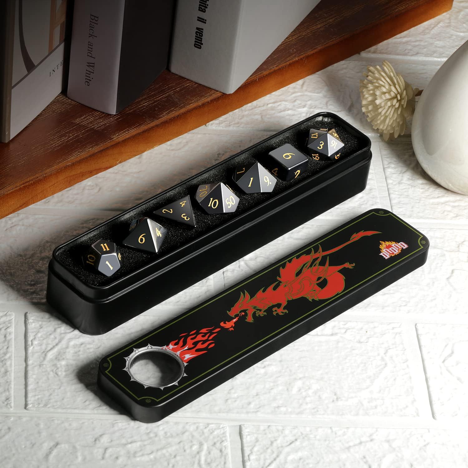 Hematite Dice Set DND,DNDND Full Set Real Stone Dice Set with Gorgeous Gift Case for Dungeons and Dragon and Tabletop Game (Hematite)
