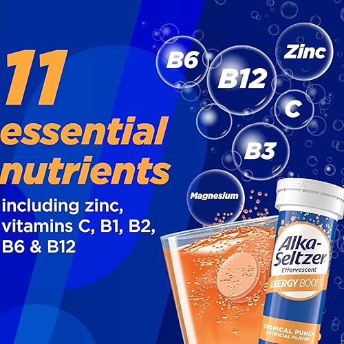 Miniatura 4 de Alka-Seltzer Aumento de energía cafeína y guaraná, vitaminas B, apoya el estado de alerta mental y la energía física, suplemento energético diario,