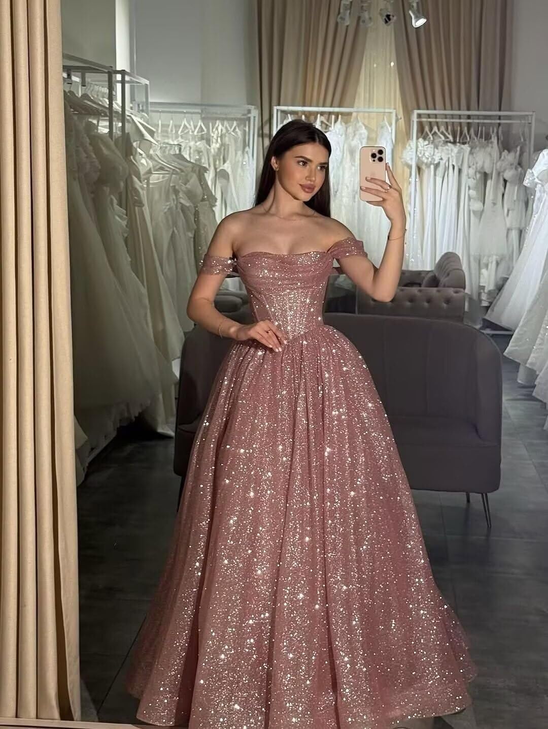 Off The Shoulder Prom Dresses 2026 Glitter Tulle Ball Gown Corset Wedding Dress