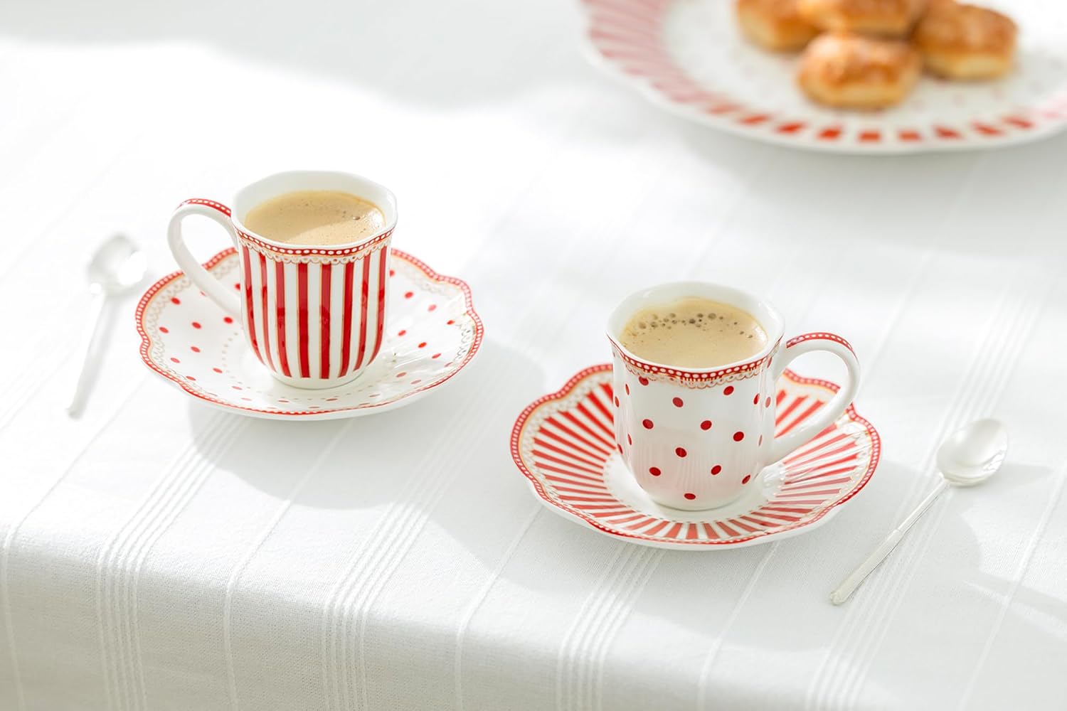 Red Josephine Stripes and Dots 2oz Demitasse Espresso Cup and Saucer Set of 4 with Gift Box