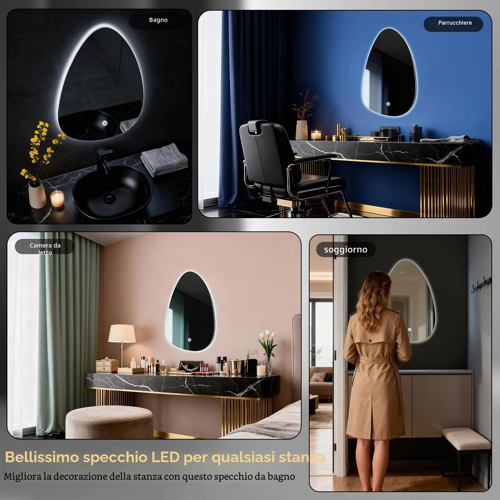 Specchio da parete rotondo per bagno, con illuminazione, specchio con luce LED, interruttore touch e 3 colori dimmerabili (60 L x 40 cm)