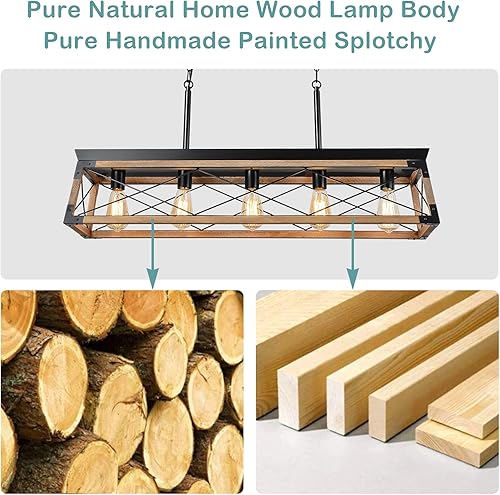 Miniatura 3 de Airposta Lámpara de araña de madera rústica de granja, 5 luces de metal rectangular para comedor, iluminación de isla de cocina, jaula lineal