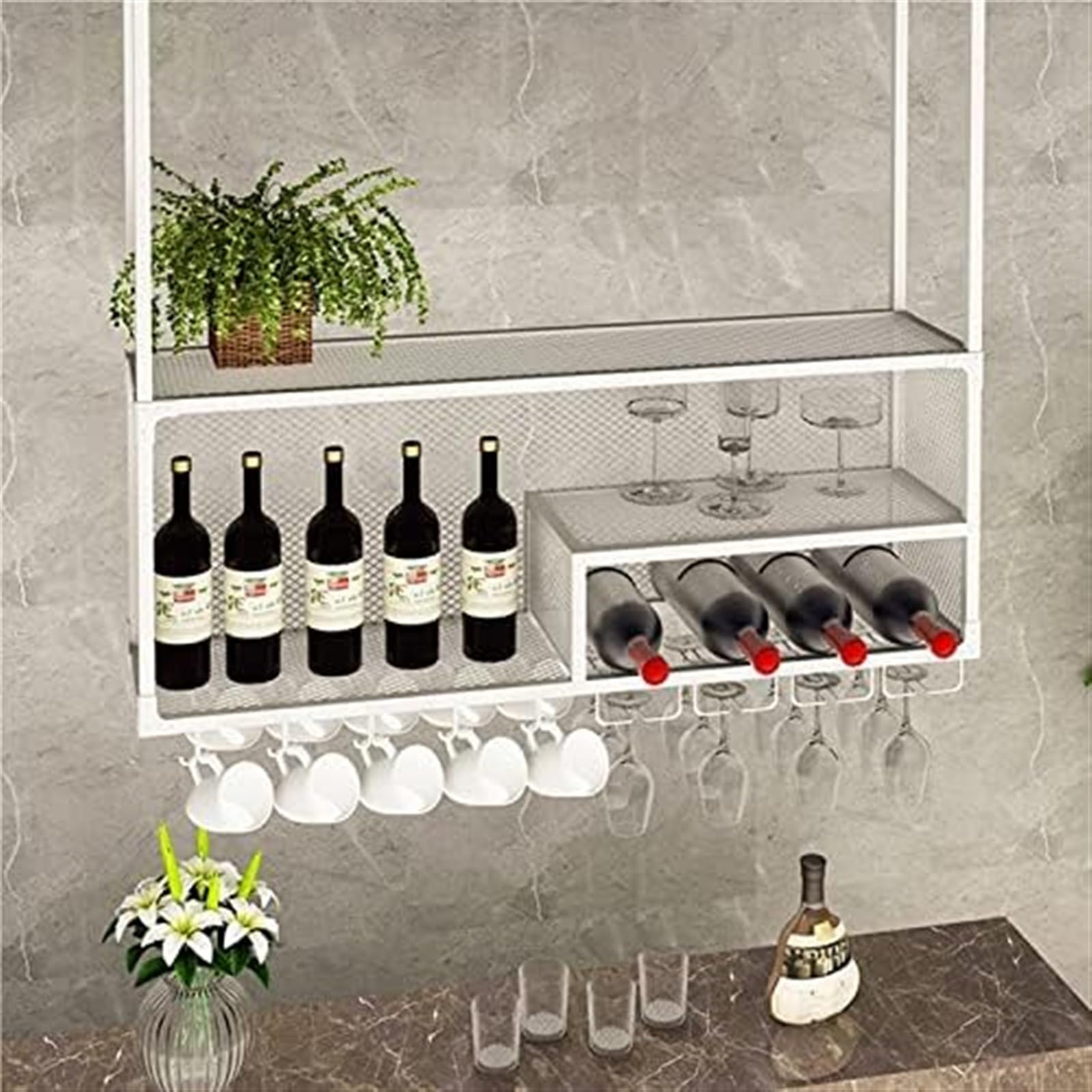 SSRURYWZ Hanging Wine Rack Plant Stand - Wrought Iron Ceiling Wine Glass Holder, American Plant/Wine/Book Display Stand, Double-Layer Grid Storage Design