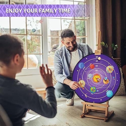 Miniatura 5 de Tabla de dardos para niños, juego de dardos grande de doble cara de 28 pulgadas con 16 bolas adhesivas y 8 dardos, juguetes de juego de fiesta