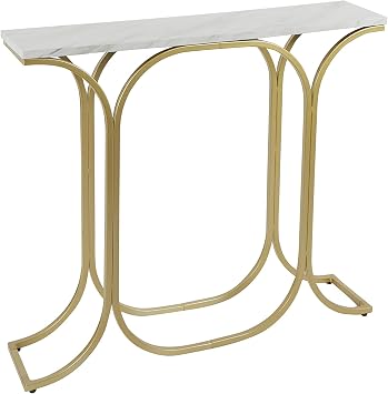 Suzanne Slim Metal Console Table with Faux Marble Top, Gold Finish