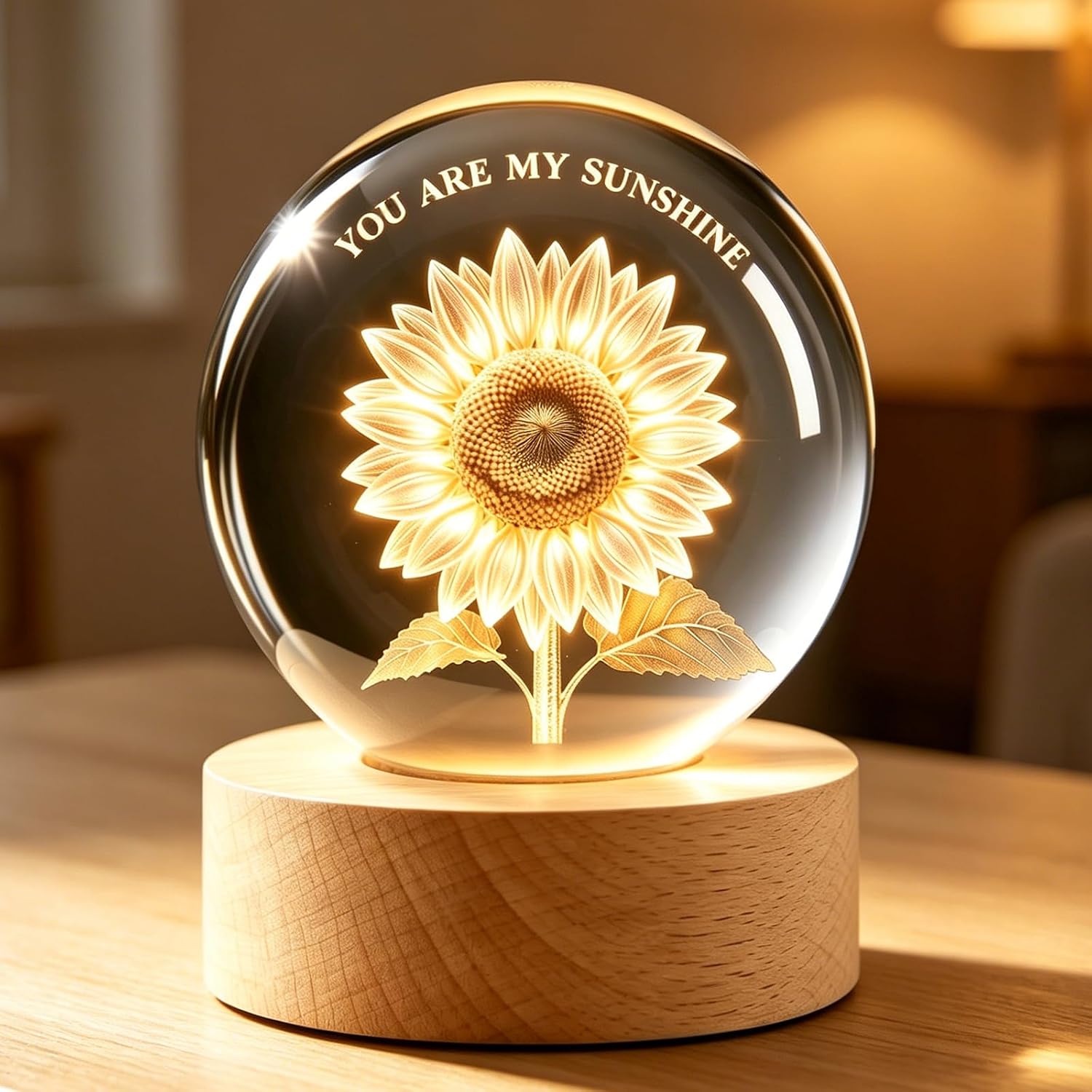 3D Sunflower Lamp Gifts, 80mm Crystal Ball with Wooden Base, Gifts Ideas for Mom Wife Girlfriend Couple Her Birthday Christmas Sunflower Glass Ball Decorative Gift with Multicolor Lighting Base