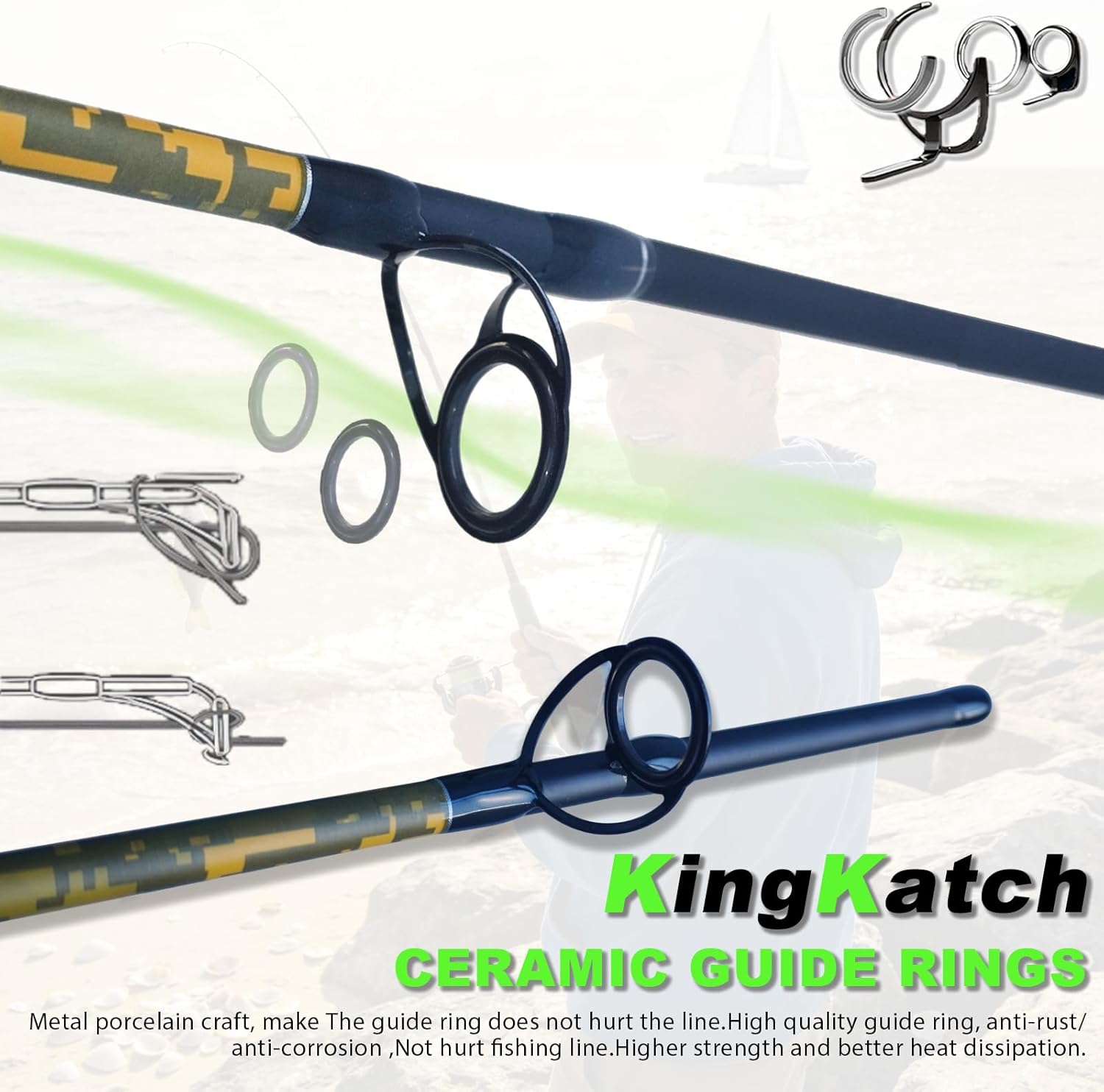 7'0" White & Green Spinning Fishing Rod, Carbon Graphite Boat & Inshore Rod, Solid Yellow Tip for Sensitive Action, Durable Medium-Heavy Spinning & Casting Pole,Catfish, Lake & River Fishing