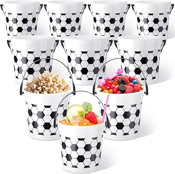 Mifoci 10 Pcs Soccer Party Buckets with Handle 34 oz Plastic Treat Buckets Snack Candy Popcorn Drink Containers for Birthday Soccer Party Favor Supplies