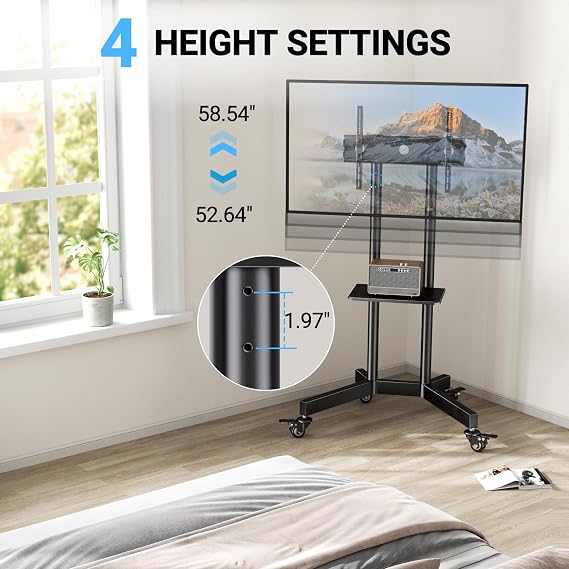PERLESMITH Rolling TV Stand with Lockable Wheels for 32-86 Inch TVs Holds up to 132 Lbs, Height Adjustable Mobile TV Stand on Wheels with Laptop Shelf, Rolling Tv Cart Max VESA 600x400mm PSTVMC01
