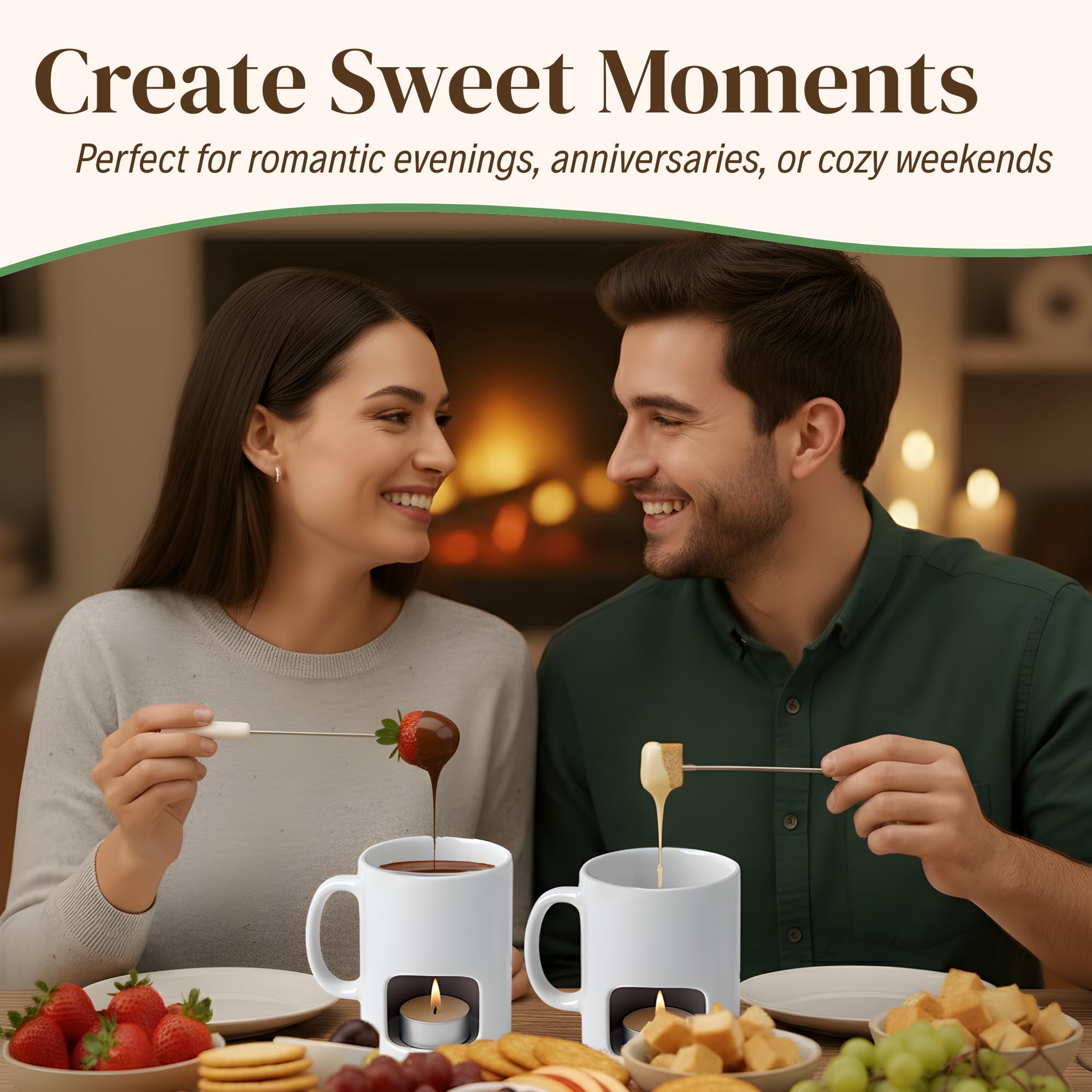 Evelots Fondue Pot Set for Chocolate, Cheese & Candy (2 Pack) – Mini Ceramic Fondue Mugs Gift Set with 8 Forks & 16 Candles – Perfect for Date Night, Birthday & Wedding Gifts – White - 3