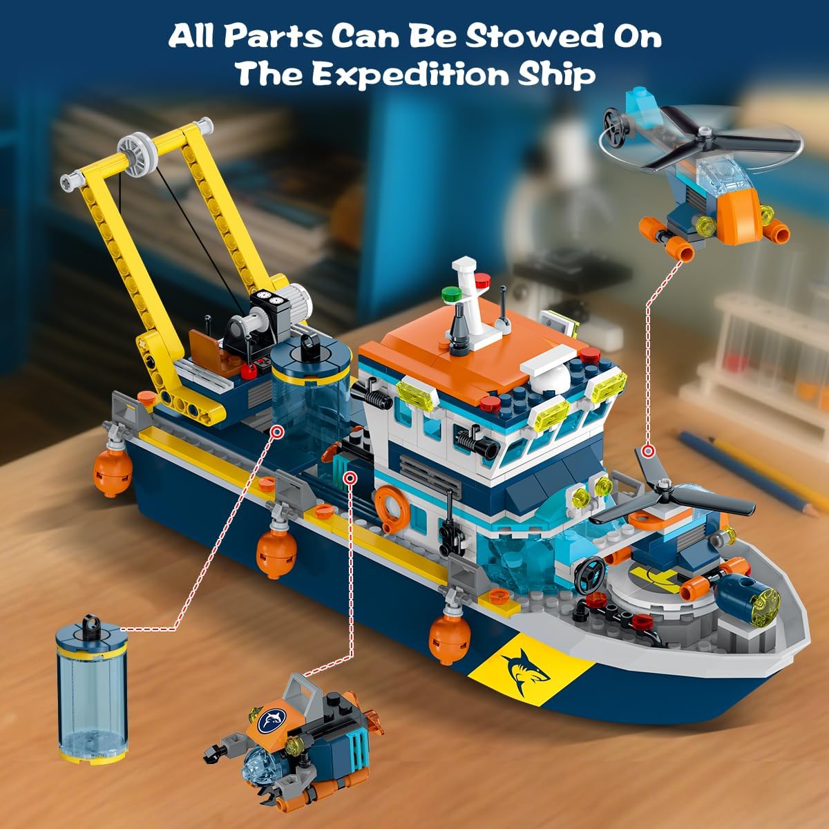 City Floatable Boat Building Set with LED Light - Ocean Arctic Explorer Ship Building Block Kit with Helicopter, Sub Exploration Toy Adventure Set Birthday Gift for Kids Boys Girls 6 7 8 9 10+ - Image 7
