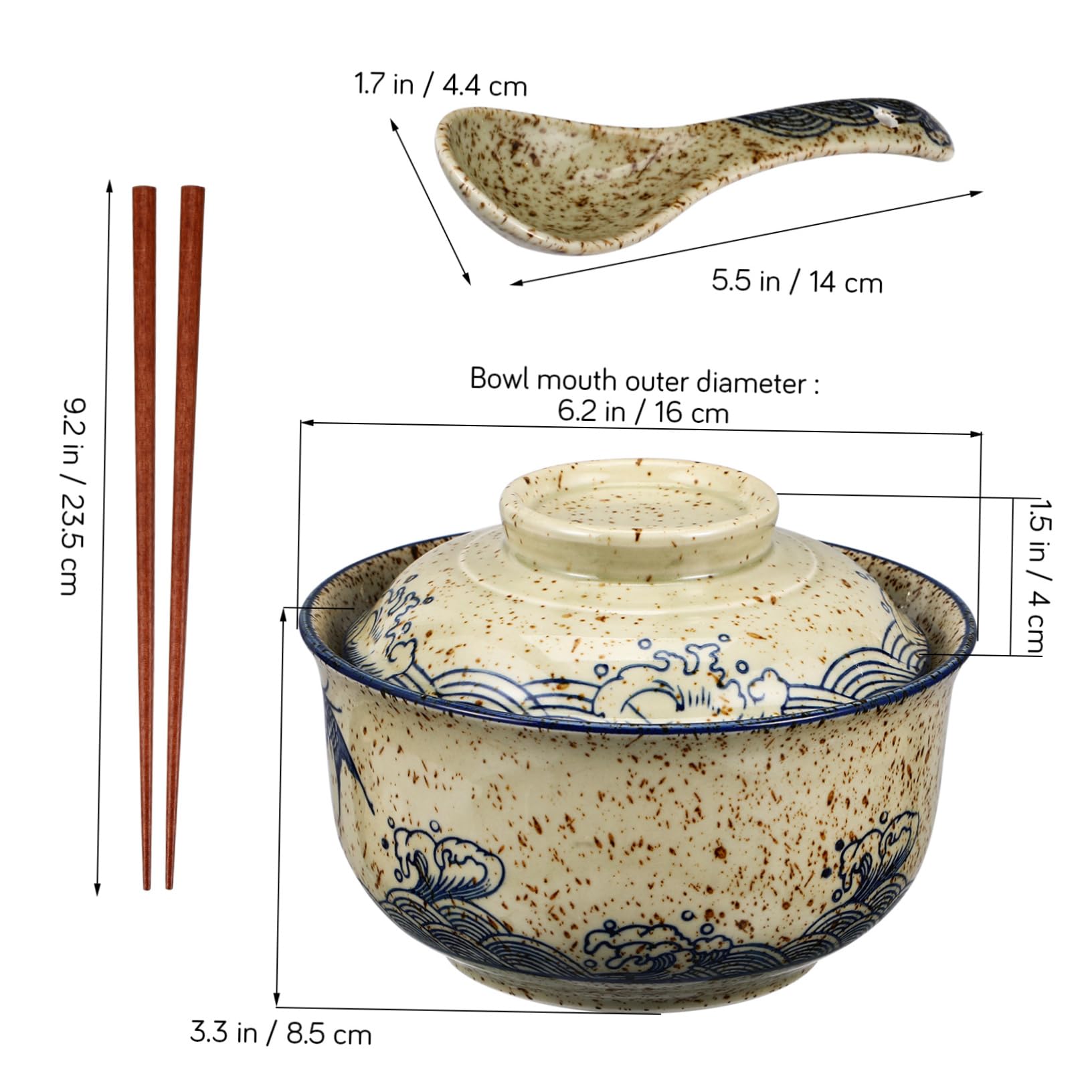 GLEAVI Keramik Ramen Schüssel Satz mit Deckel 1 Löffel und Stäbchen Wärmespeichernd Formstabil für Suppe und Nudeln
