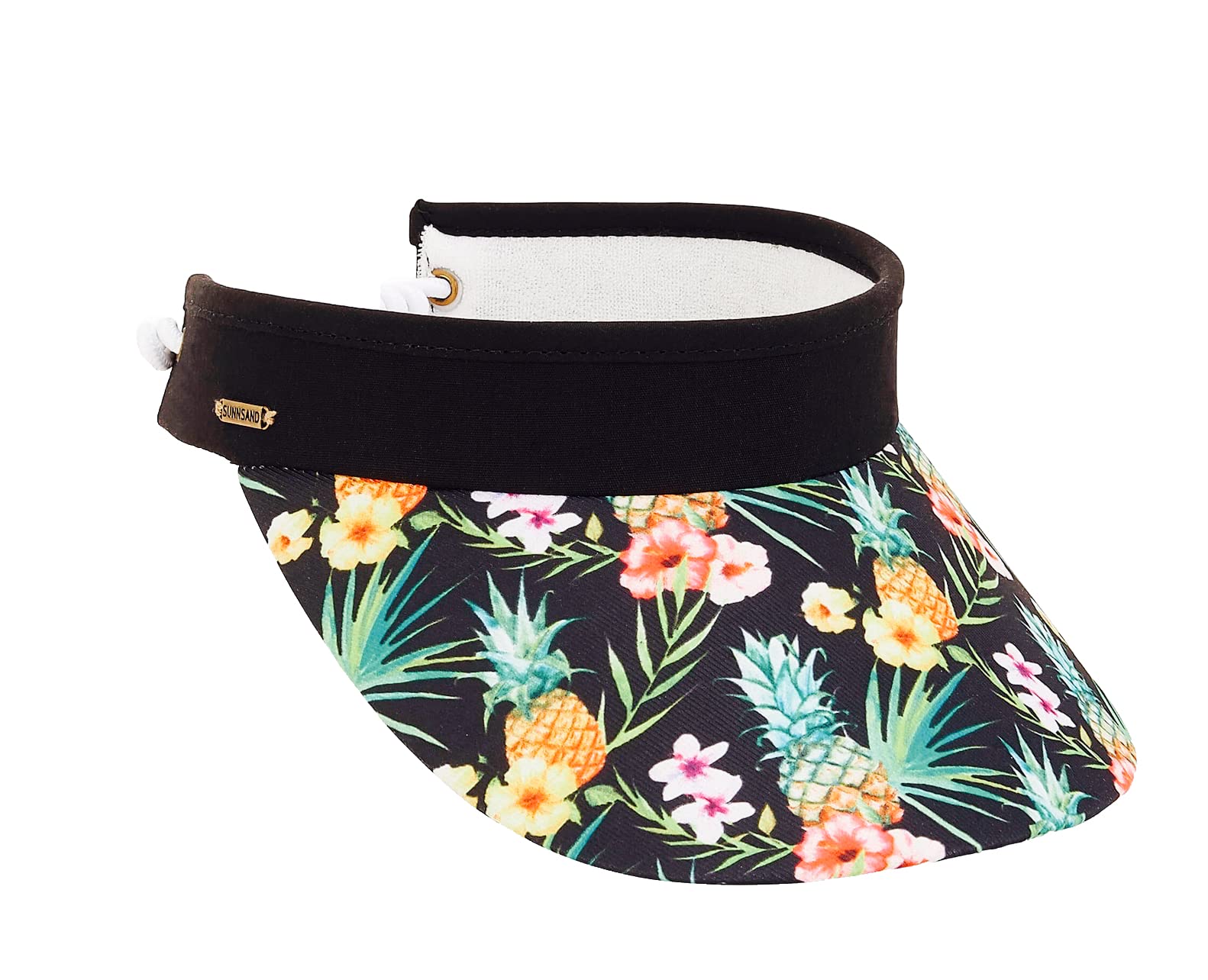 Pickleball | Women's Adjustable Coil Visor by Sun N Sand | Black Pineapples/Flowers Print | Cotton Visor w/Coil | UV 50 Protection