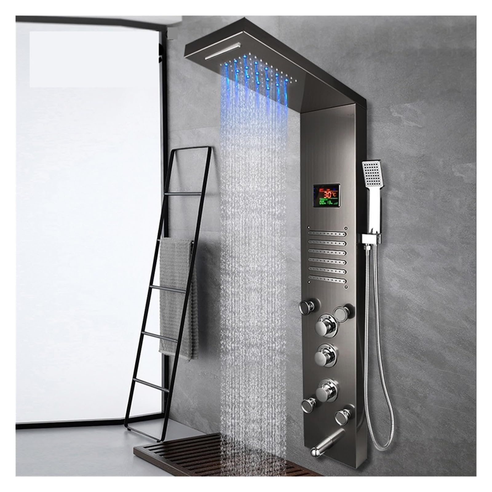 Thermostatisches Duschset mit intelligenter Armatu Dunkelgraues Nickel-gebürstetes Digitaldisplay-Duschpaneel, Säulen-LED-Regen-Wasserfall-Dusch-Spa-Düsen, Bad-Duschmischer-Wasserhahn ( Color : Dark G