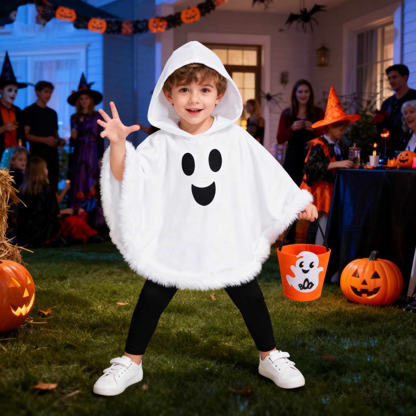 Toddler Baby Boys Girls Ghost Costume Kids Halloween Ghost Face Hooded Cloak Costume Party Boo Ghost Outfit for ages 5-6 Years,White Cloak+Pants+Pumpkin Basket Set - Image 2