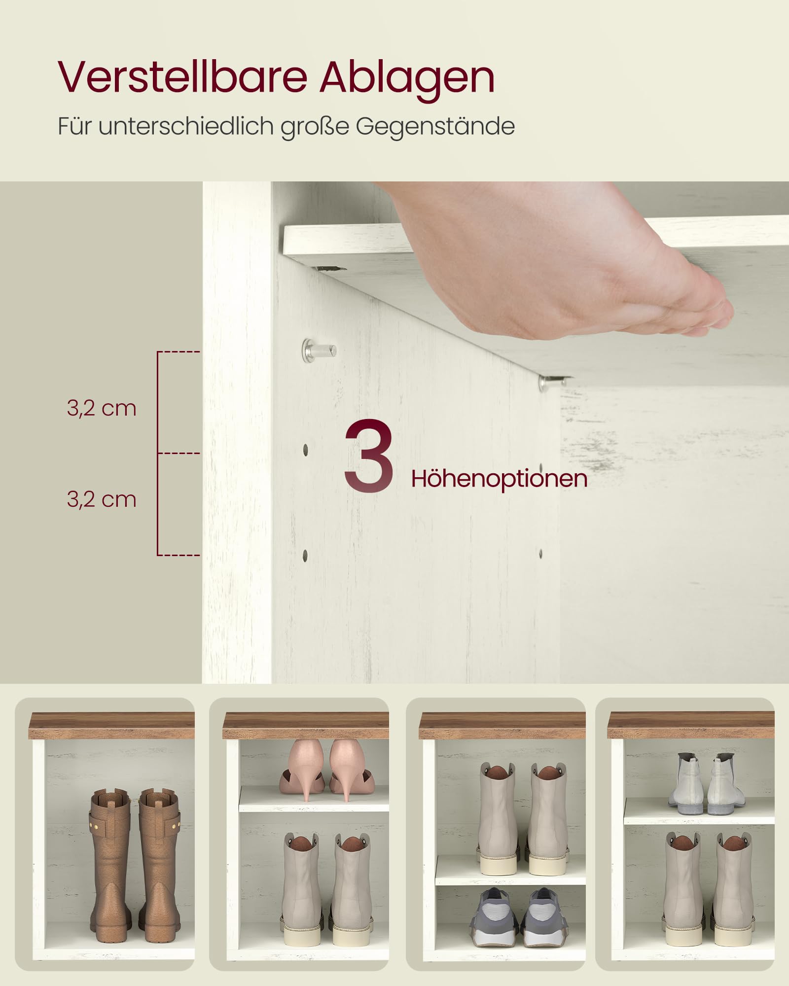 VASAGLE Schuhbank, Sitzbank mit Stauraum, Schuhregal 6 Fächer, verstellbare Ablagen, für Wohnzimmer, Flur, 29,5 x 100 x 50 cm, vintageweiß-honigbraun LSB036W02