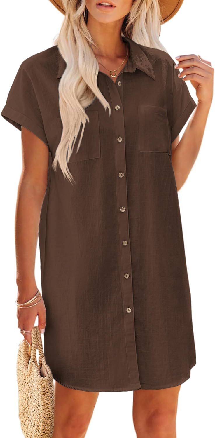Zeagoo Summer Dresses for Women 2026 Cotton Button Down Short Sleeve Tshirt Dresses Casual Mini Beach Dress