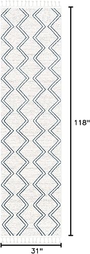 Miniatura 2 de Well Woven Merri - Alfombra de pasillo resistente a las manchas con patrón geométrico de rayas azul marfil (2 pies 7 pulgadas x 9 pies 10 pulgadas)