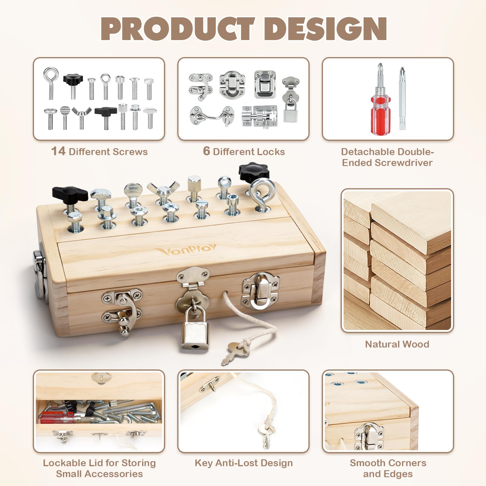 Vanplay Giochi Montessori 3 Anni, Attrezzi Giocattolo Bambini Giochi in Legno per Bambini, Cacciavite Giocattoli da Viaggio con Serratura e Chiave Giocattoli Educativi 3 4 5 6 Anni