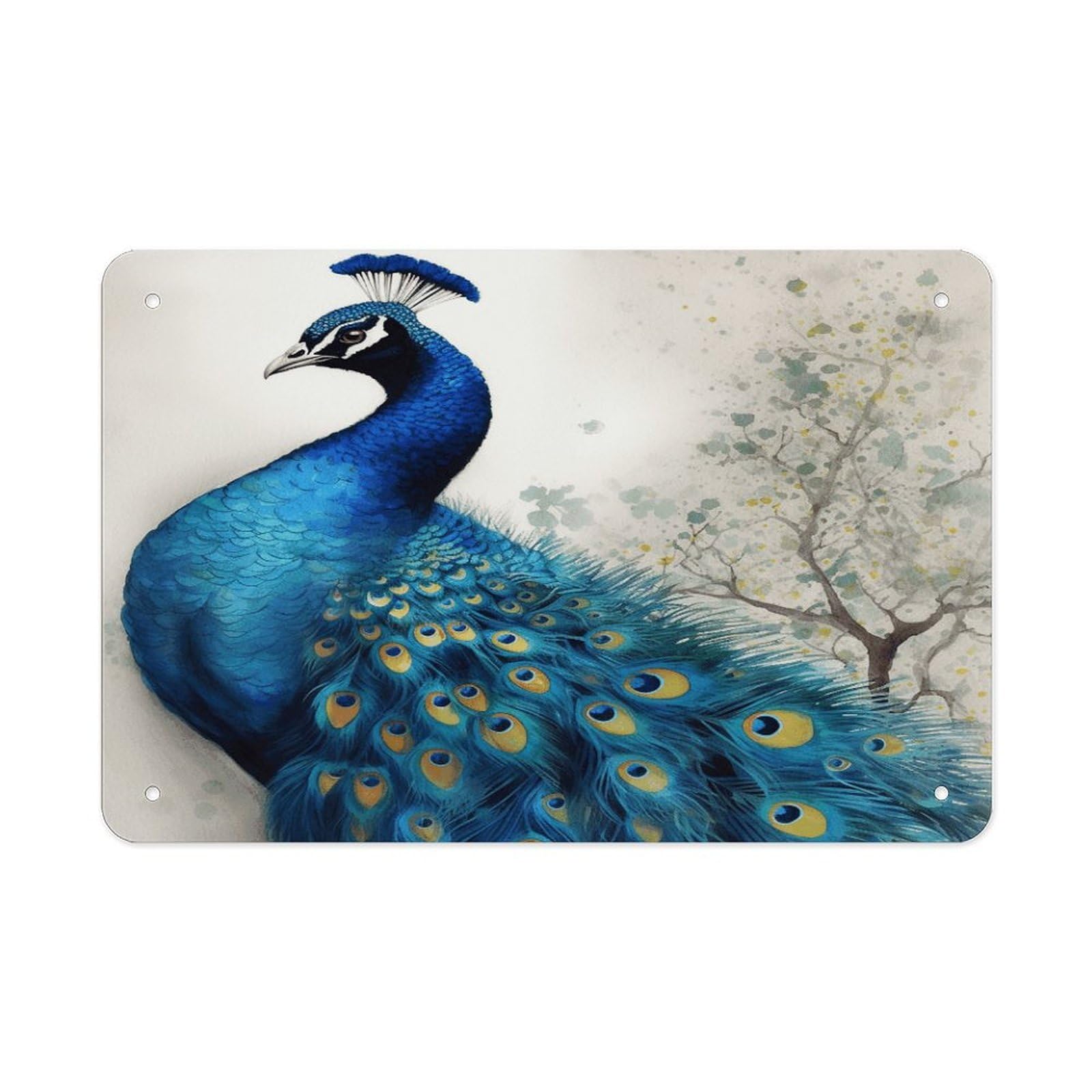 Blue Peacock Metal Tin Sign 12"x8" Wall Art Prints Poster Decorative Picture Metal Signboard Decor Painting Folded Edge Iron Sheet Painting with Holes for Wall Decor