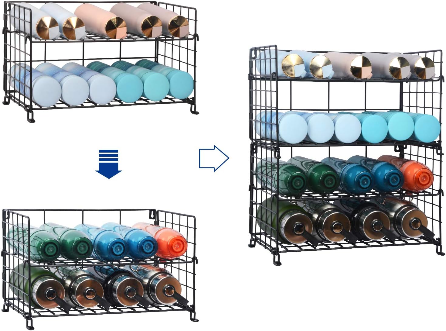 X-cosrack Adjustable Water Bottle Organizer,2-Tier Extended Wall-Mounted Water Bottle Holder, Stackable Water Bottle Storage Rack for Kitchen Countertops,Pantry, Cabinet,Black,2-Tier Large