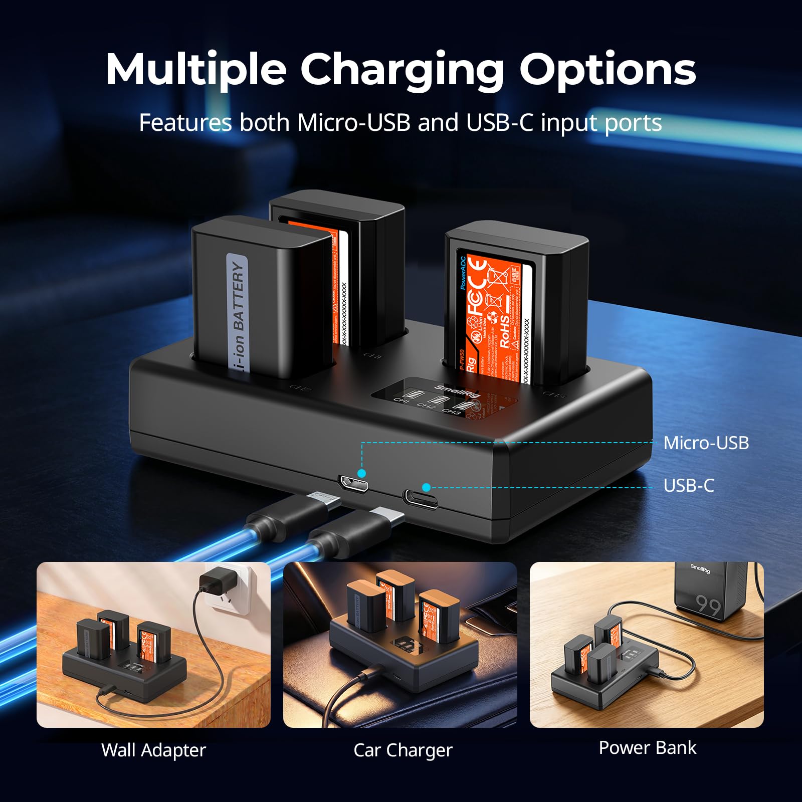 SMALLRIG Kit de Batterie NP-FW50 pour appareils Photo Sony, Chargeur LCD Triple Emplacement avec 3 Batteries 1030 mAh, décodage Complet pour Sony A6000, A6100, A6300, A6400, ZV-E10, A7, A7S - 6019