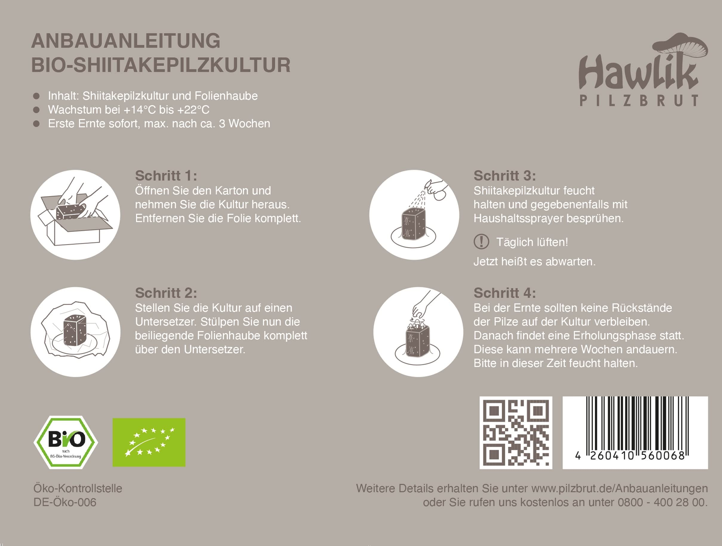 Hawlik Pilzbrut - Bio cultivo de setas Shiitake - Cultura de shiitake orgánico para cultivar uno mismo - setas autocultivo - cultivarse champiñones frescos en casa - kit cultivo setas comestibles