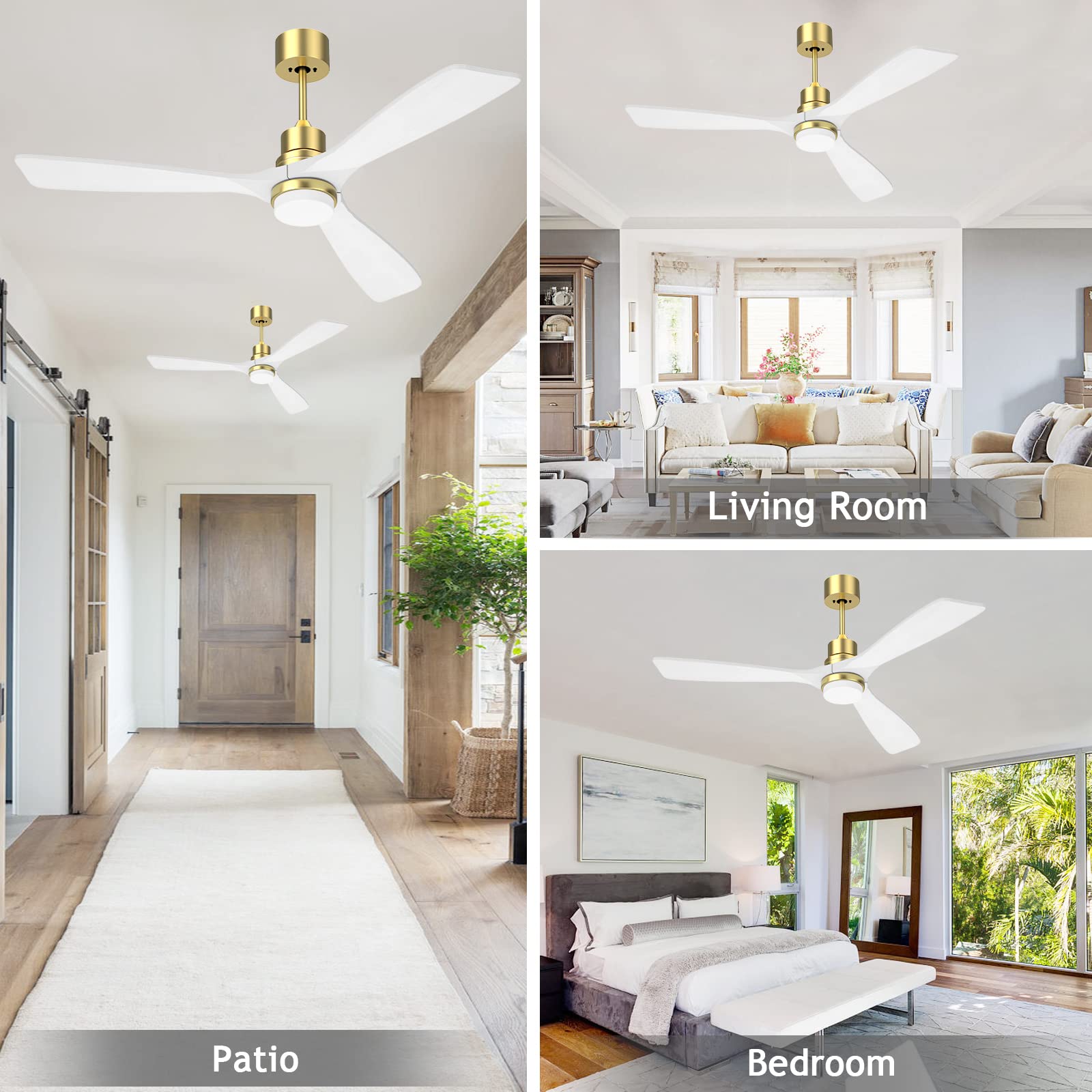 CLUGOJ White Ceiling Fan with Dimmable LED Lights 52" Ceiling Fan with Controller Modern Solid Wood Blades Reversible DC Motor, 6 Speed, Timer, Gold