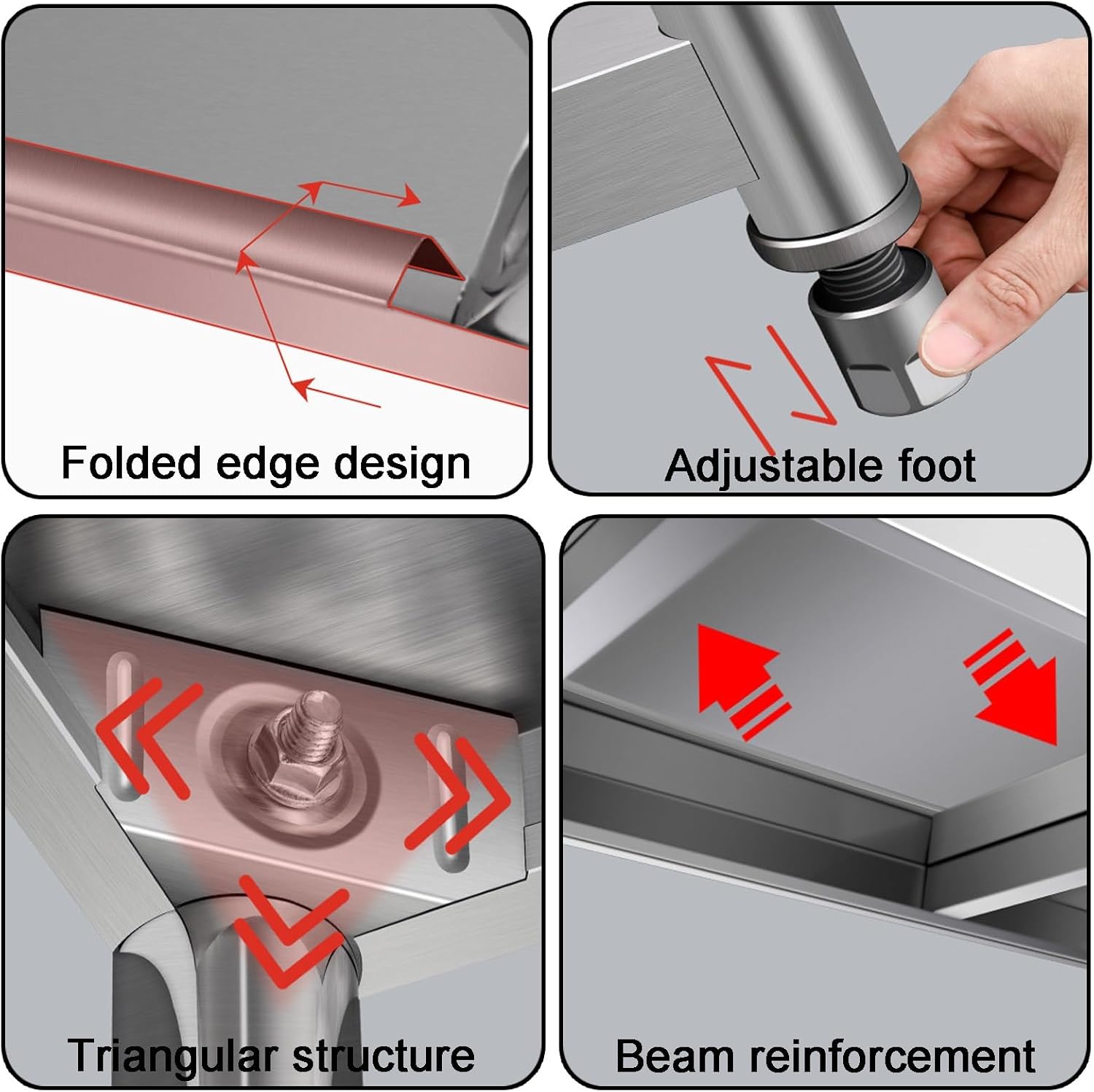 Three-Tier Stainless Steel Workbench with Folded-Edge Design and Triangular Supports Kitchen Work Table Featuring Adjustable Legs Reinforced Crossbars and Height-adjustables Shelves
