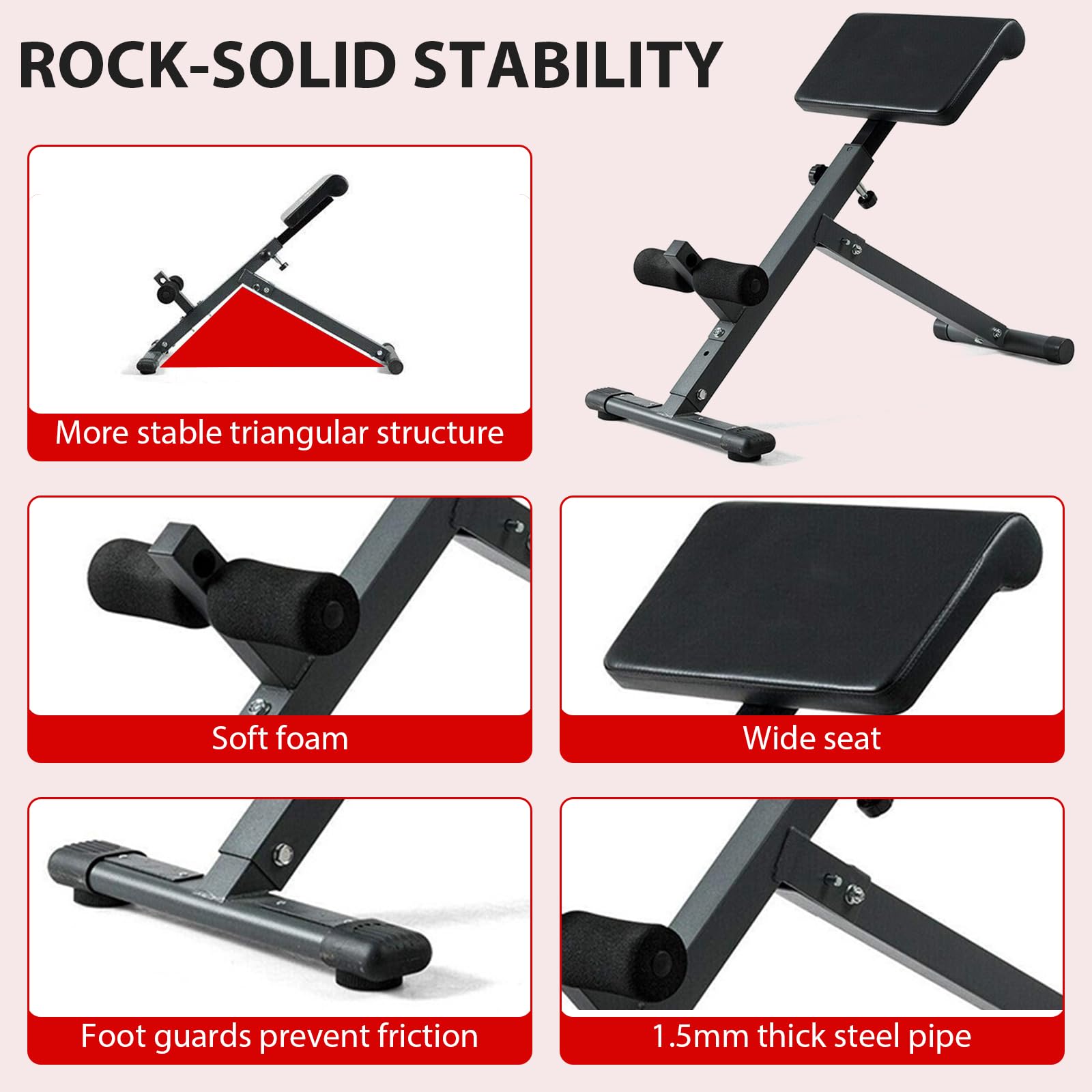Hyperextension - Sedia romana pieghevole, allungamento della schiena e allenamento addominale, 5 sedie romane regolabili, panca per iperestensione, glutei, addominali, attrezzatura per esercizi a casa