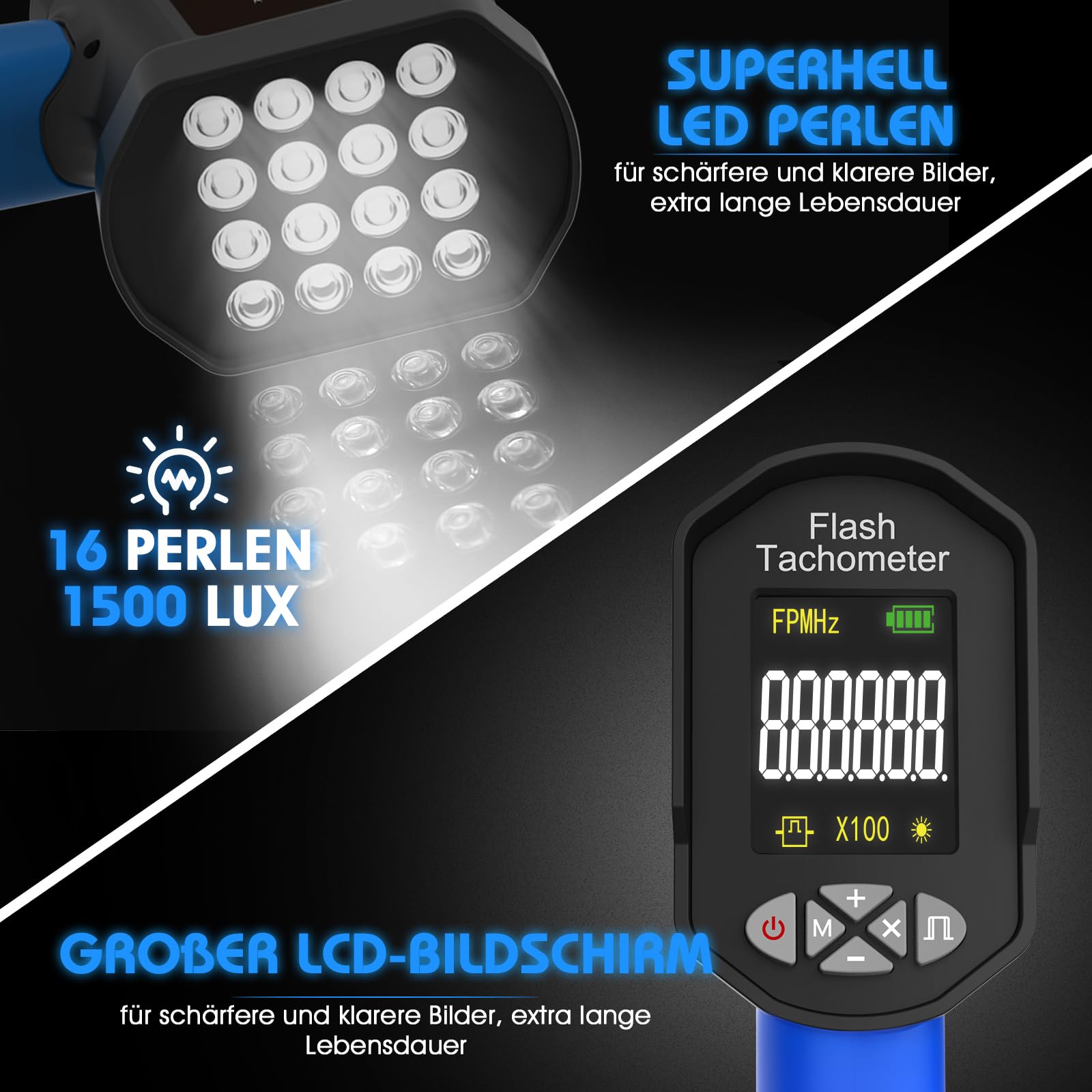 Strobotac LED Stroboscopio100.000 RPM/Hz, AIOMEST Stroboscope Digitale Tachimetro Alta Precisione 0,001% con Luce Stroboscopica Regolabile | Per Motori, Ventilatori Motore