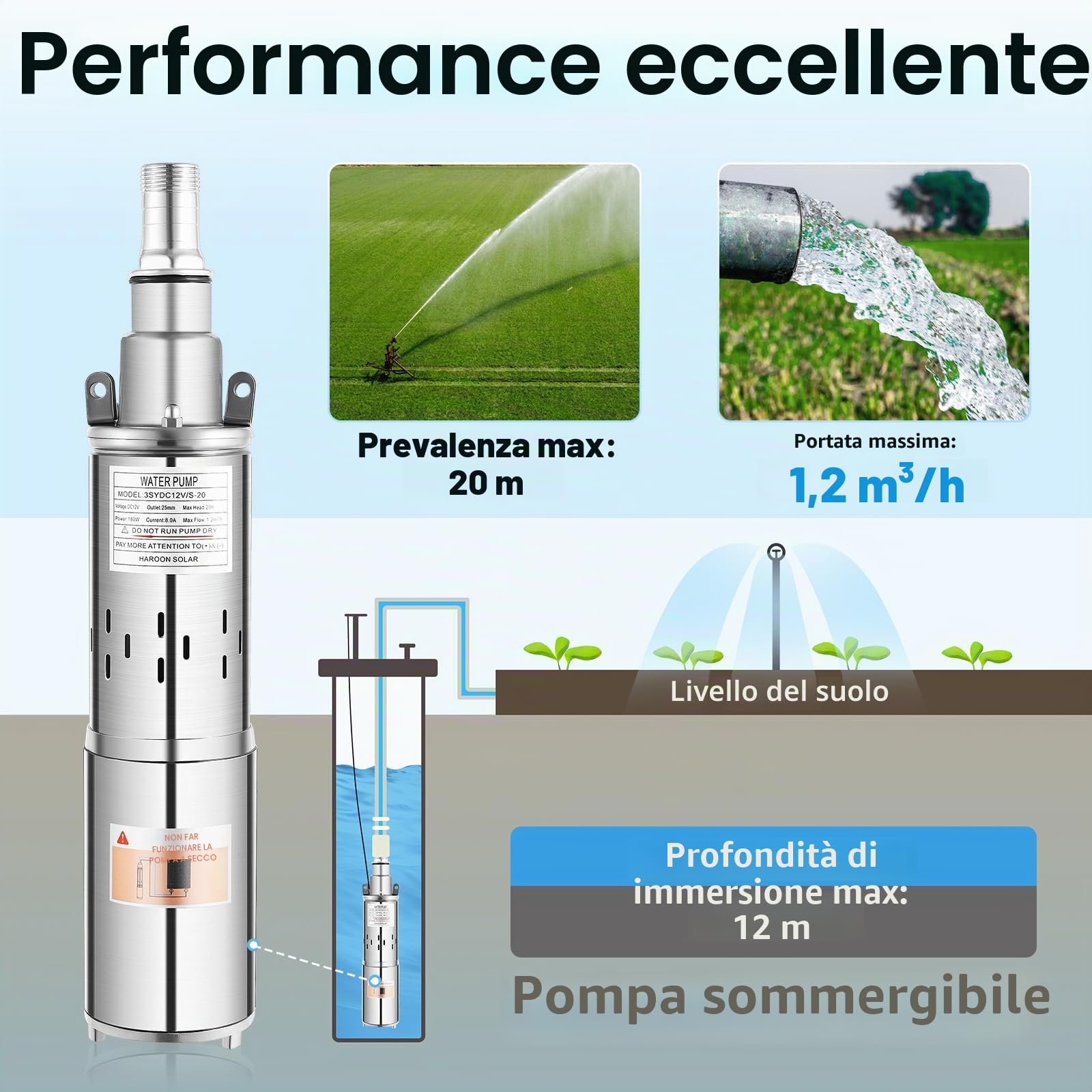 Pompa dell'acqua DC in acciaio inox, pompa da giardino, pompa per pozzi profondi, pompa per pozzi, pompa sommergibile 1,2 m³/h, 12 V, 180 W