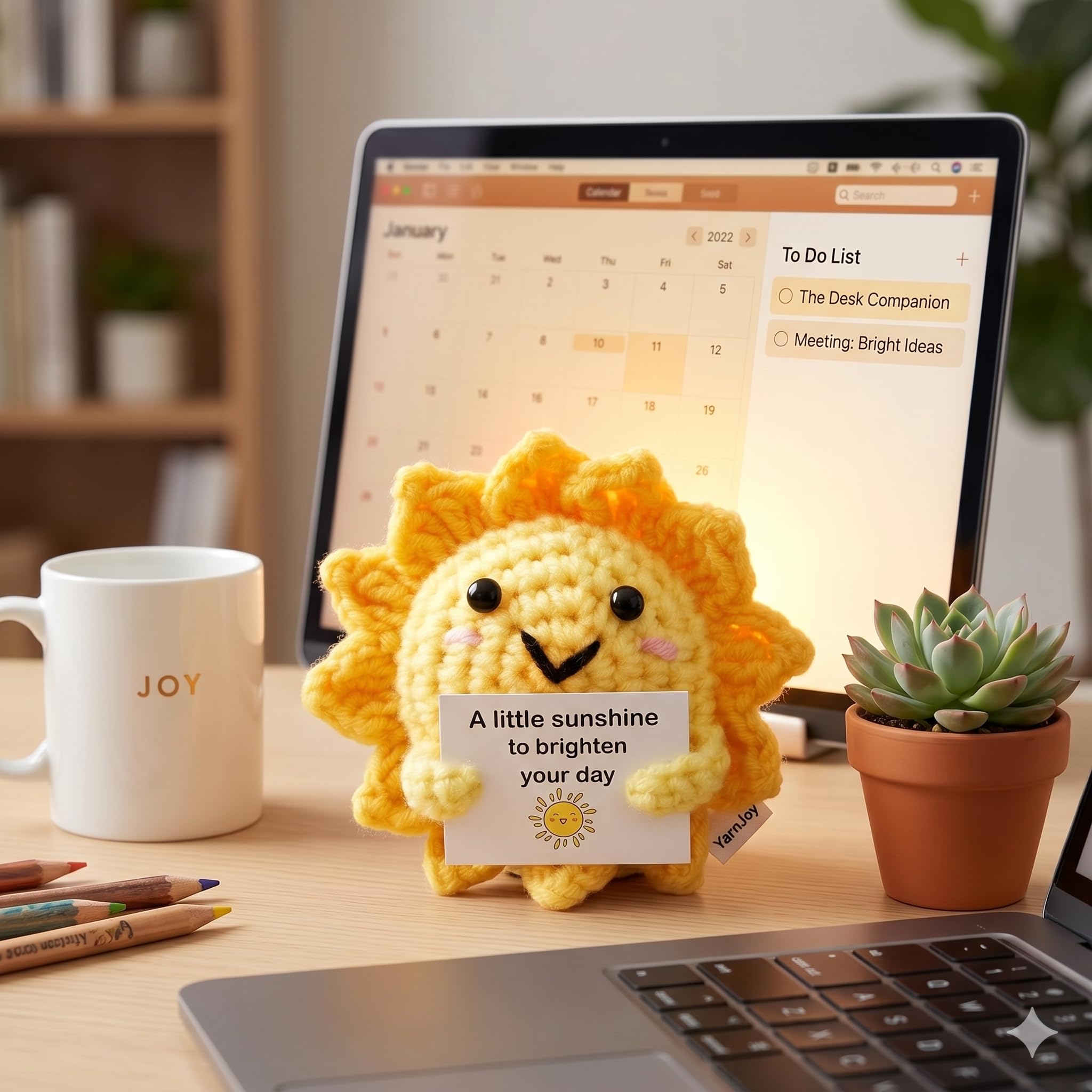 Positive Energy Crochet Sun Gift with Inspiring Affirmation Card, Handmade Emotional Support Sunshine, Thoughtful Stress Relief Present for Women and Men, Cute Birthday and Office Desk Décor