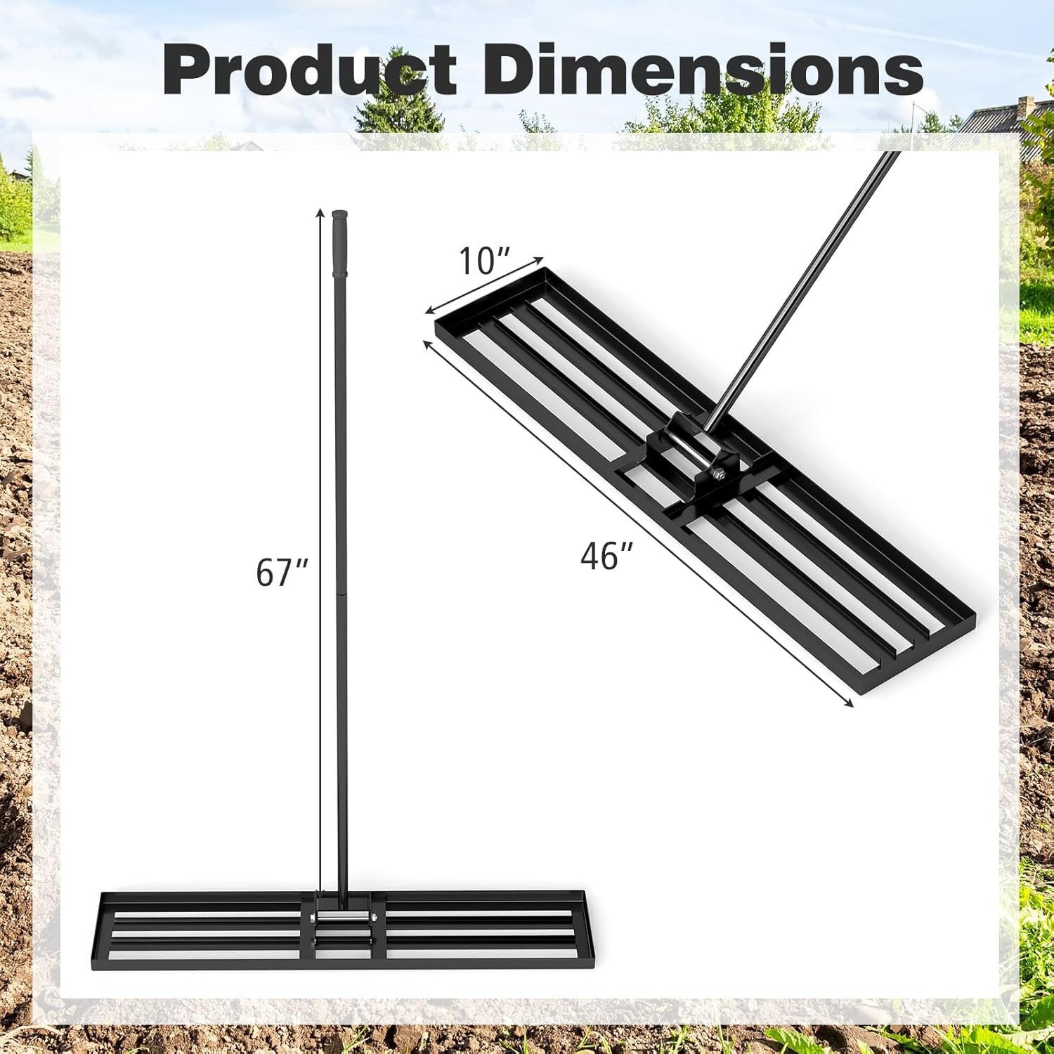 46" x 10" Lawn Leveling Rake, Heavy Duty Landscape Rake with 67" Handle, Non-Slip Grip & Flat Head, Space-Saving Lawn Level Tool for Garden, Backyard, Golf Course & Sports Field(Black)