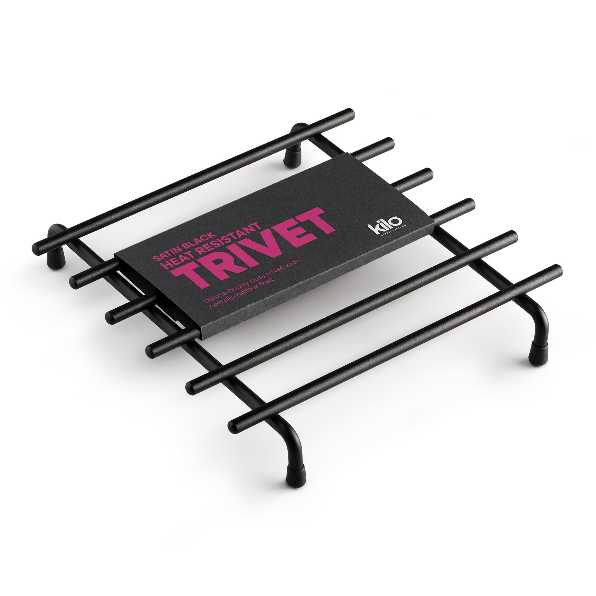 Kilo Metal Trivet – Heat-Resistant Kitchen Worktop Protector Pot Holder, Satin Black with Non-Slip Rubber Feet (Medium)