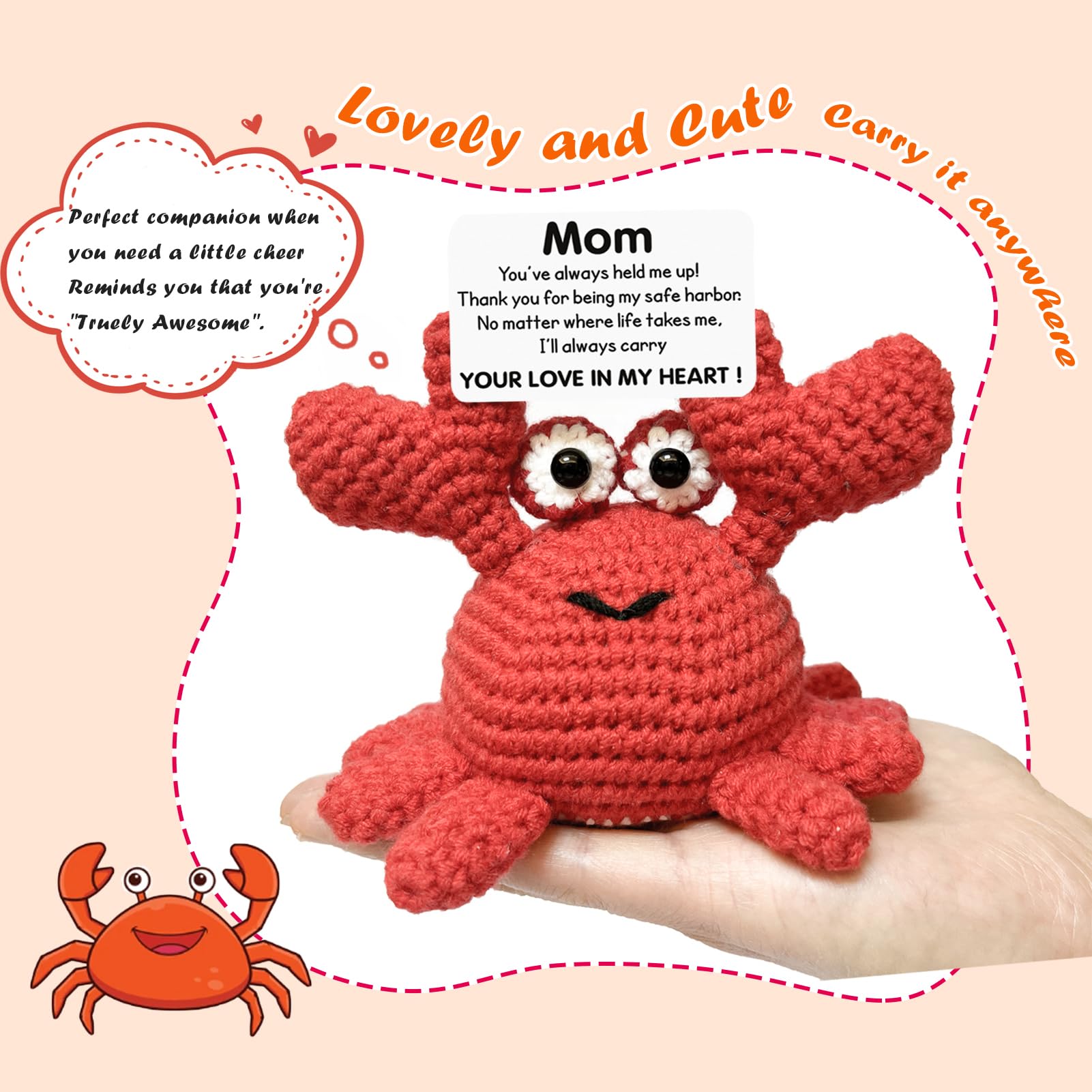 ACHYHAVIN Funny Positive Crab Gifts, Handmade Crochet Animals Cute Stuff, Inspirational Gifts for Mom Presents, Emotional Motivational Crab Decor
