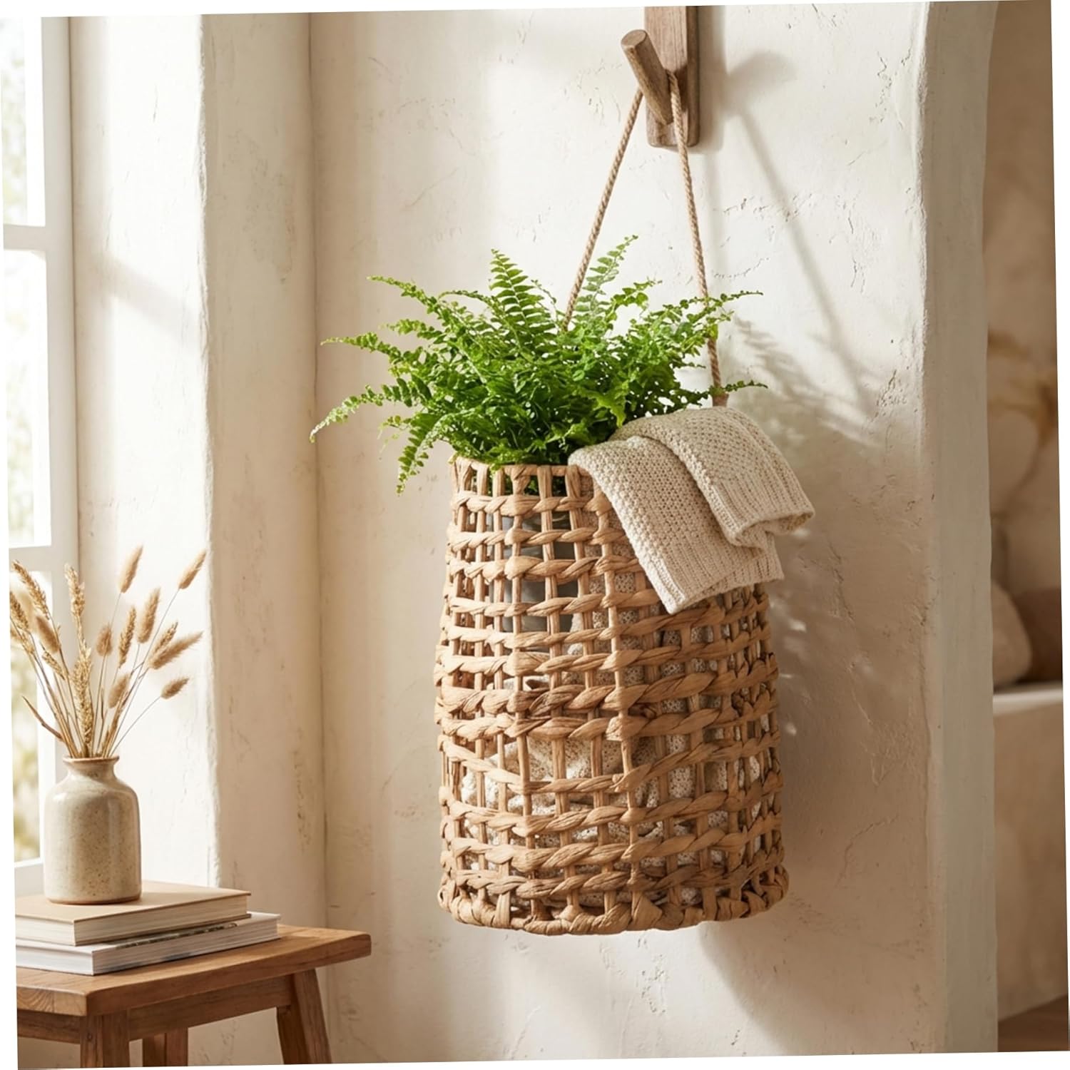 Wicker Hanging Basket, Handwoven Wall Hanging Basket Natural Rattan Wall Baskets Decor Multi-Purpose Storage for Kitchen, Bathroom, Living Room, 6x3.5x12in