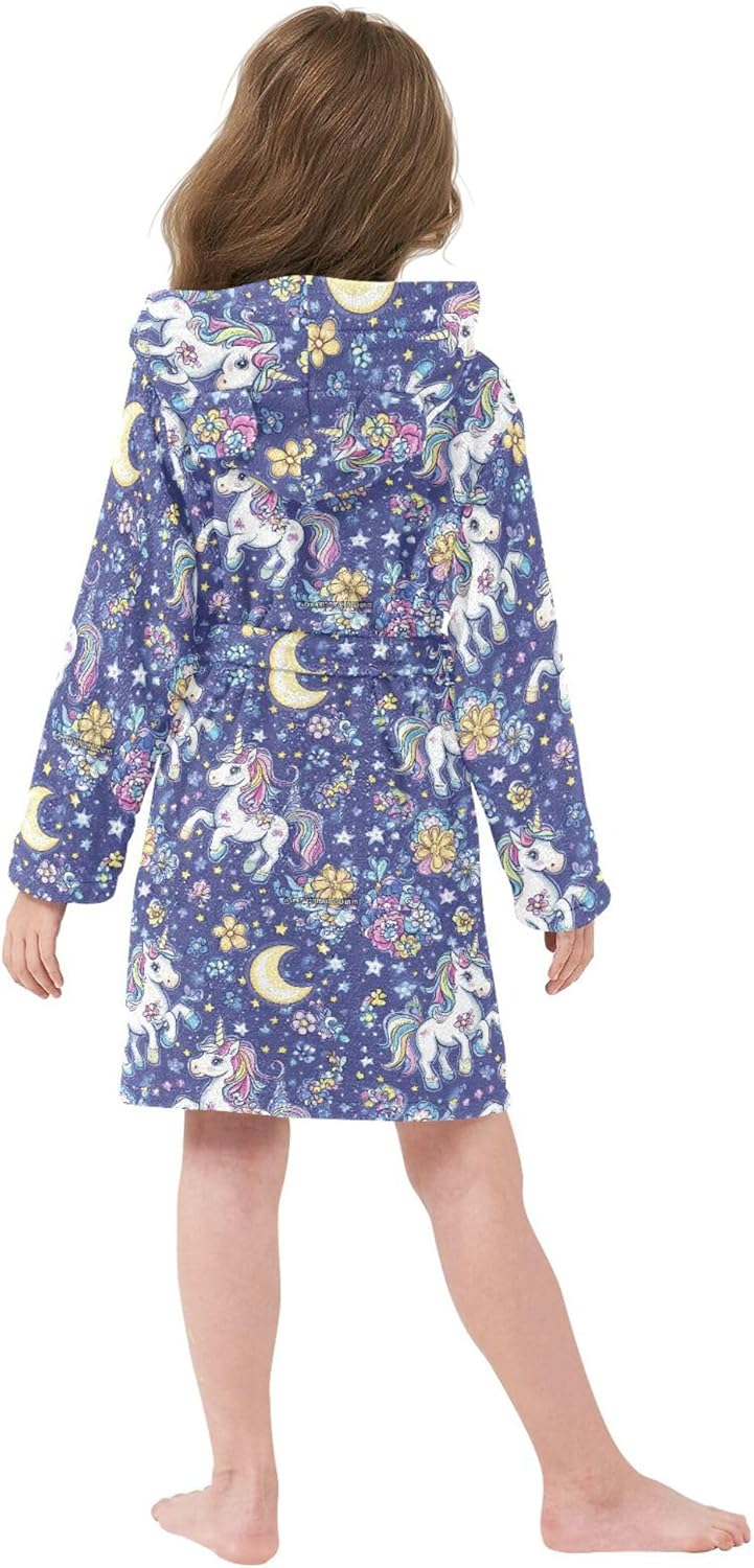 Unicorn Moon Stars Bathrobe Hooded PJ Robe Soft Fleece Robe Pajama Sleepwear 2-12 Years