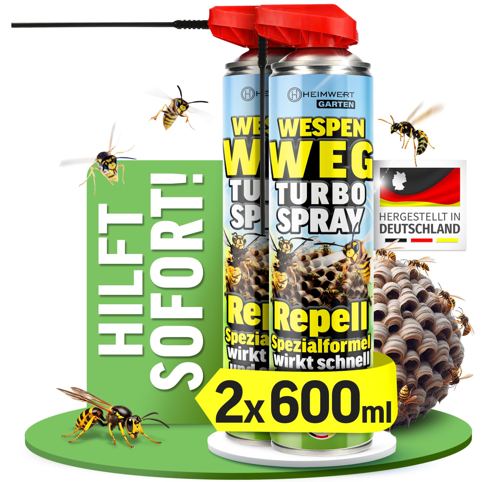 HEIMWERT Wespenspray Turbo mit Langzeitwirkung Repellent - Sicher Wespennest entfernen dank Spezialformel Made in Germany - 2x600 ml Vorteils Spray gegen Wespen + große Nester (2x600 ml)