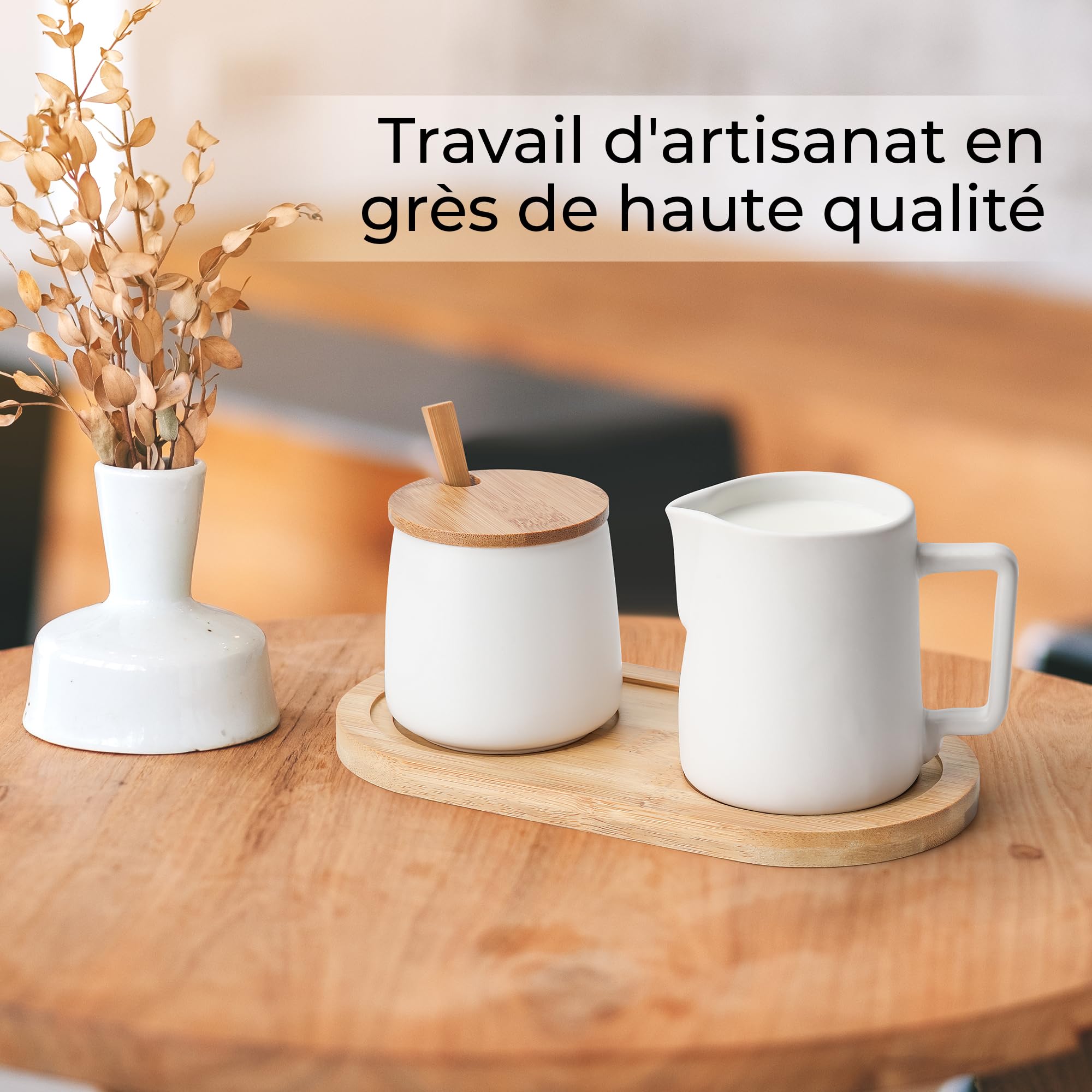 MIAMIO - Ensemble de service à sucre et crème avec couvercle et cuillère/Accessoires de bar à café en céramique - Compatible micro-ondes et lave-vaisselle (Blanc)