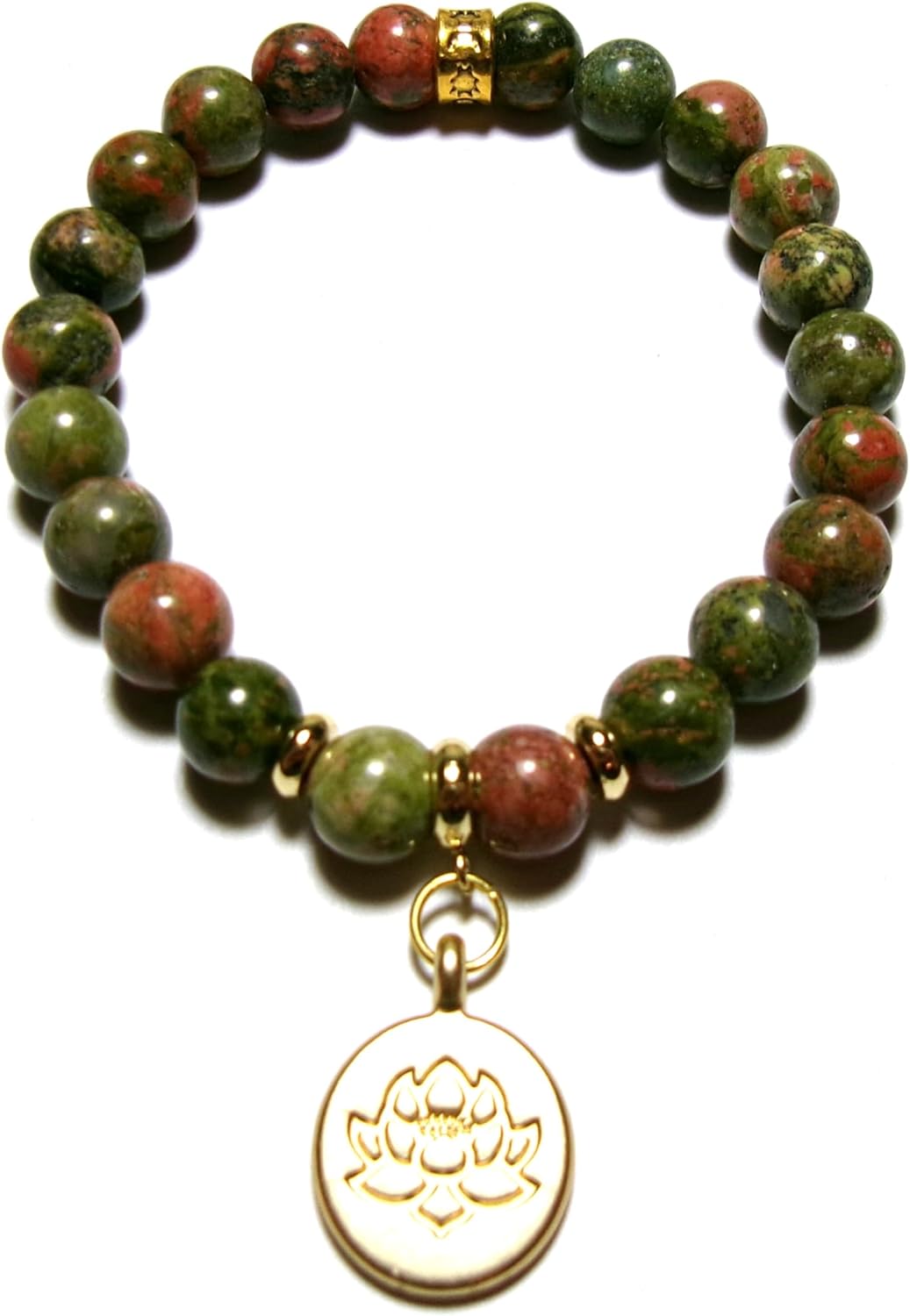 Lotus Flower Healing Crystal Stretch Bracelet with Gold Accents, 8 MM Beads, Handmade in USA