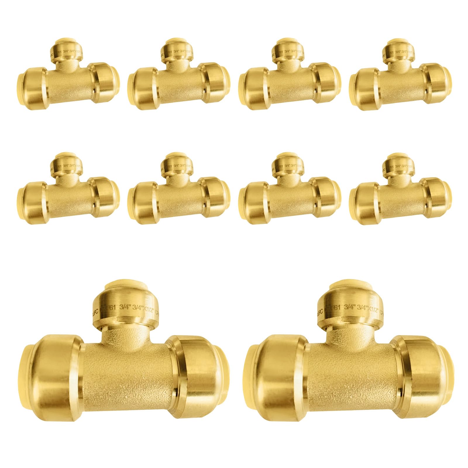 TLDONCXH 10 PCS Foskan 3/4" x3/4" X1/2" Push Fit Tee,LF-Brass Fittings, Push to Connect PEX, Copper, C, PE-RT Pipes, with Disconnect Clip for Plumbing Repairs