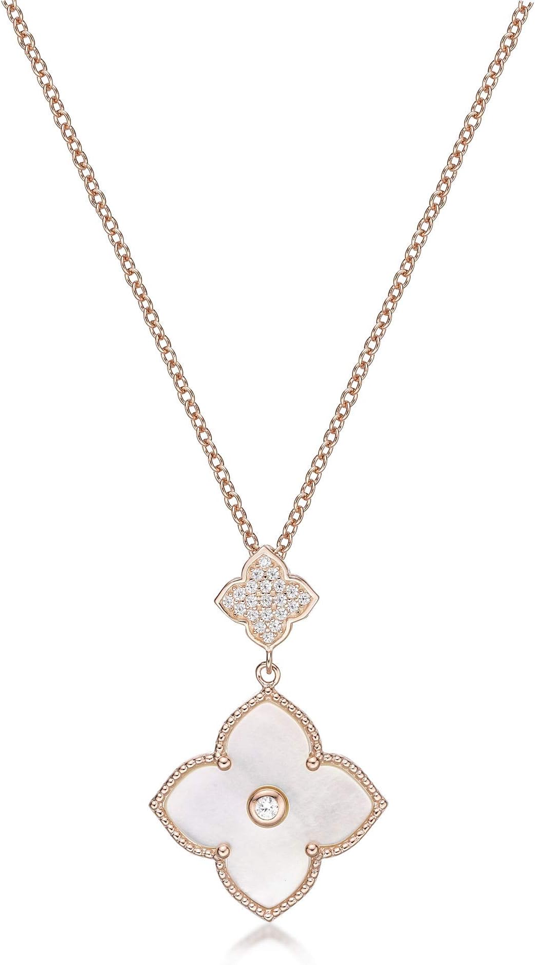 Lavari Jewelers Mother of Pearl and Cubic Zirconia Double Flower Pendant Necklace for Women in 925 Sterling Silver with Rose Gold Plating 16 to 18 Inches Adjustable Spring Ring