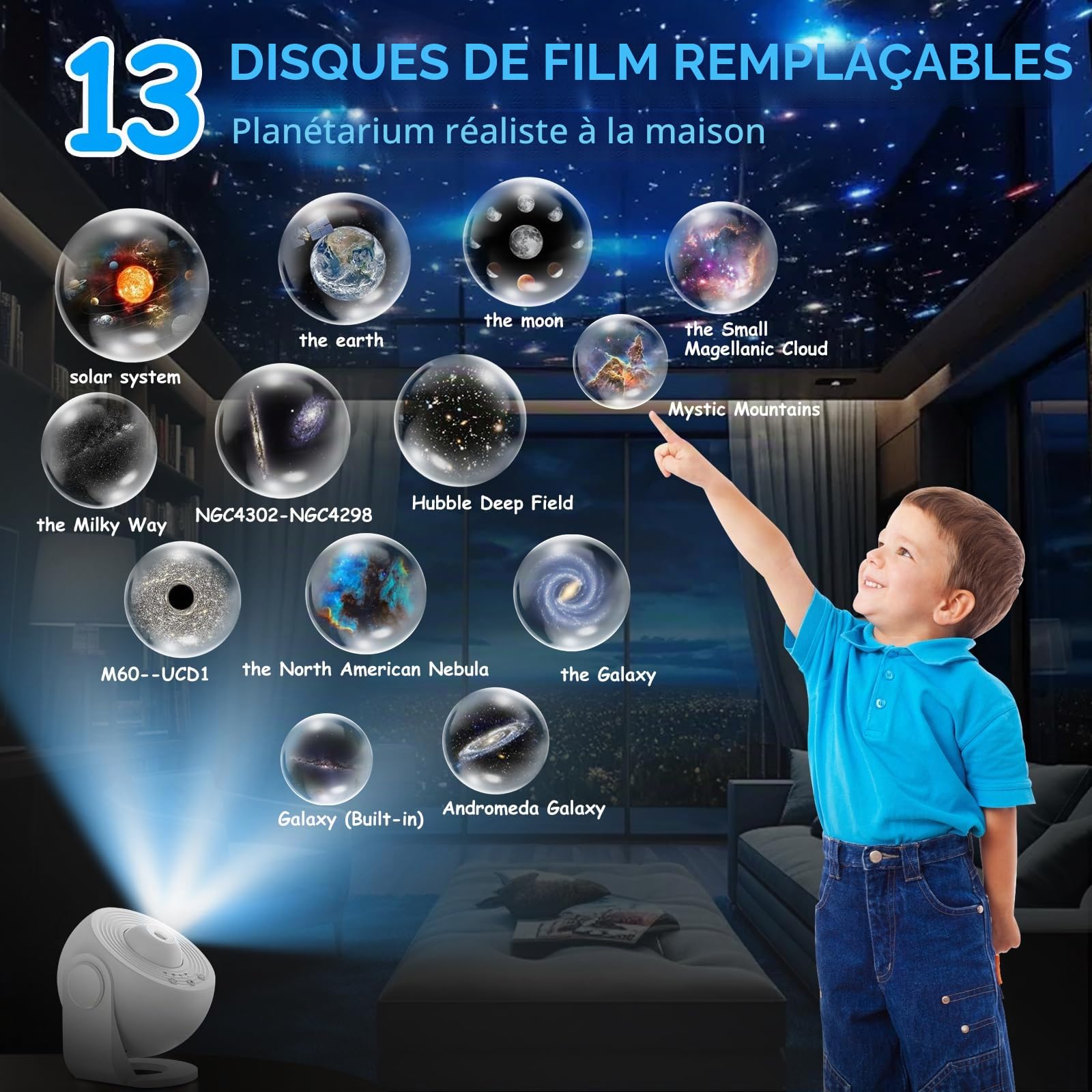 AlloMN Projecteur d'étoiles LED globe galaxie 13 disques de film ciel étoilé veilleuse lune chambre à coucher salon (blanc)