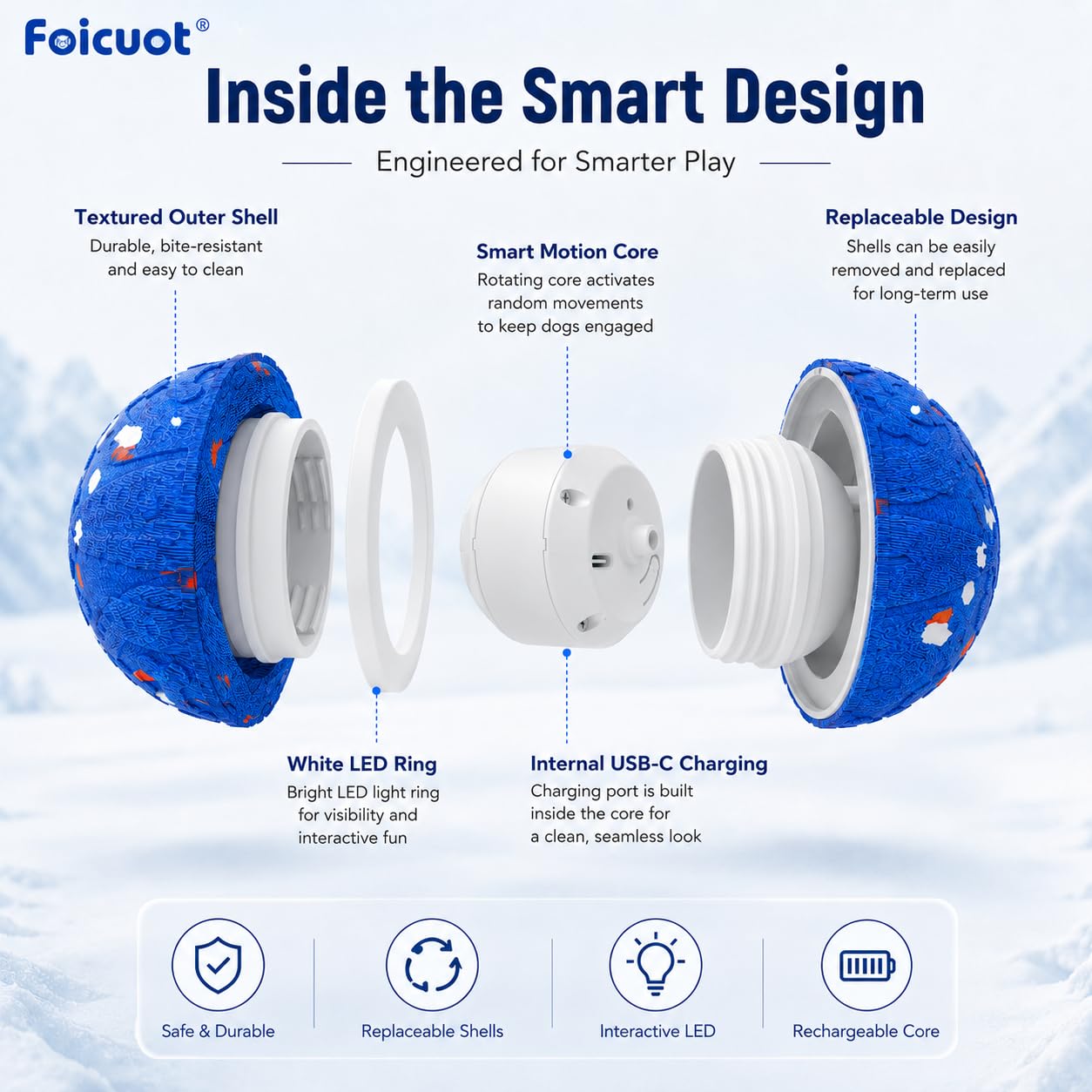 Juguete interactivo de pelota para perros [recién actualizado], material duradero de E-TPU, 3 modos de juego con luces coloridas, E-TPU USB-C recargable, clasificación de impermeabilidad IPX7