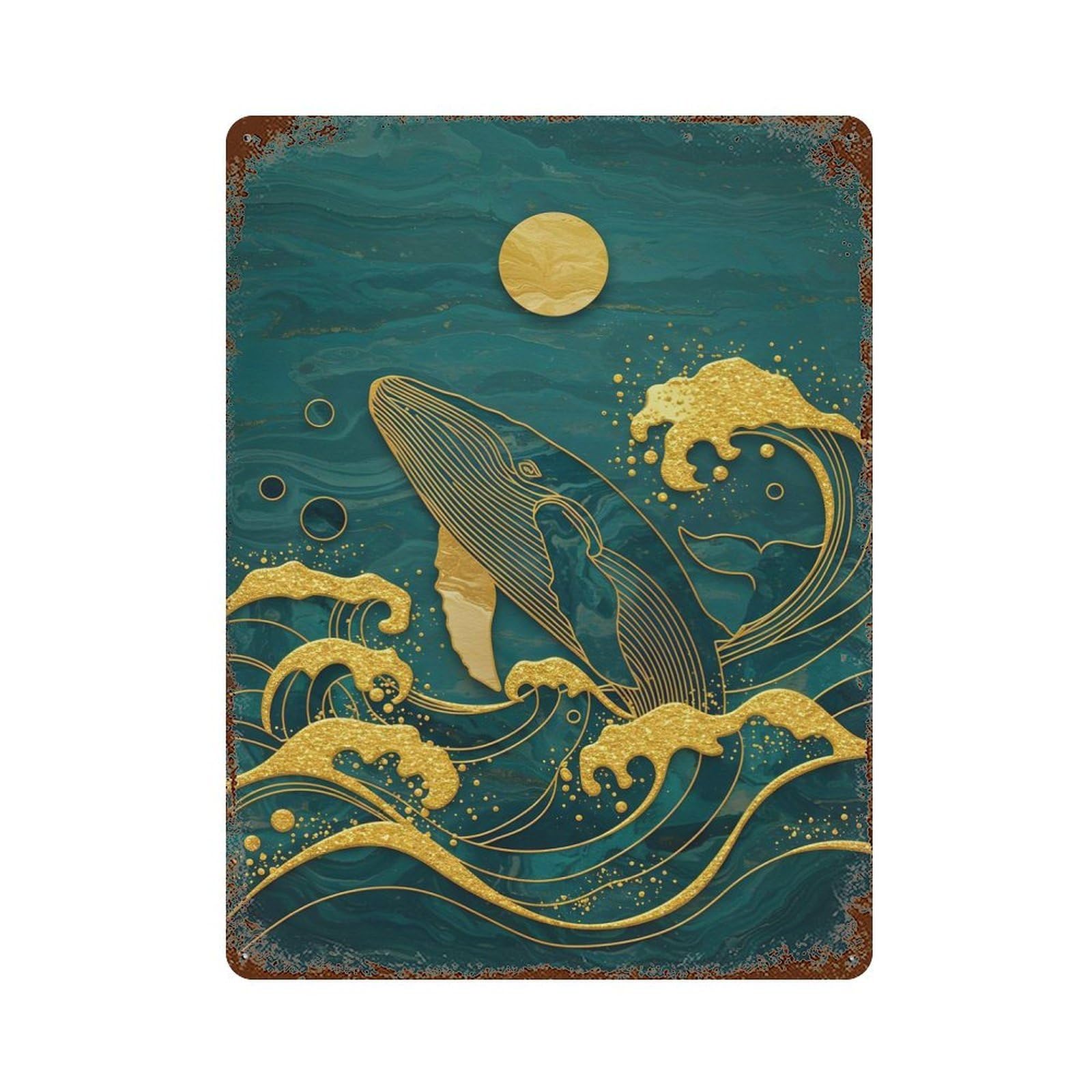 Rusty Metal Tin Sign with Golden Whale in Teal Ocean Art Design 15.7"x11.8", for Farmhouse, Kitchen And Entryway Decor, Rustic Home Decor