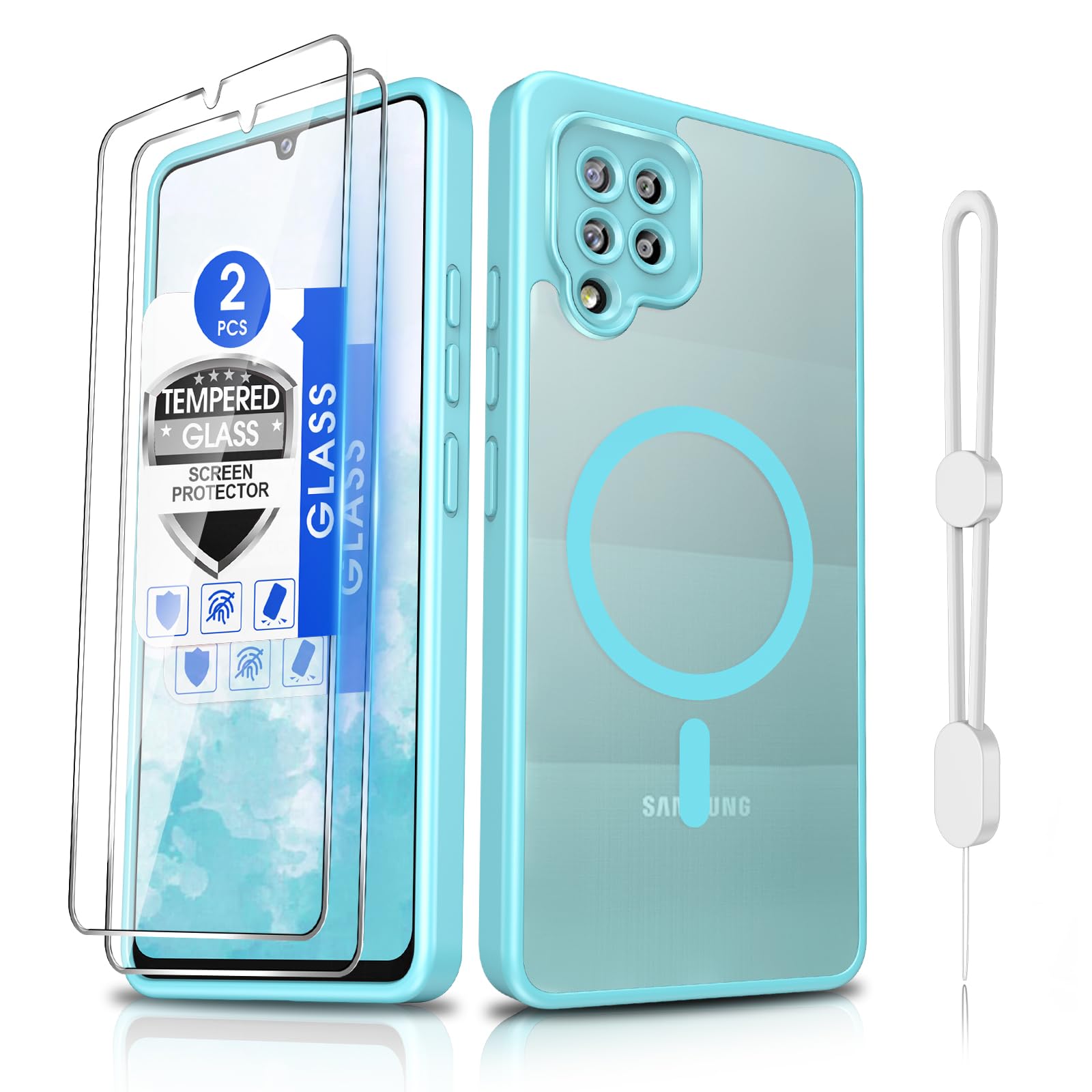 Dizn for Samsung Galaxy A42 Phone Case,with Tempered Glass Screen Protector,Wrist Band,Compatible with MagSafe Wireless Charging,Matte Translucent,Military-Grade Shockproof Protective,for A42,Teal