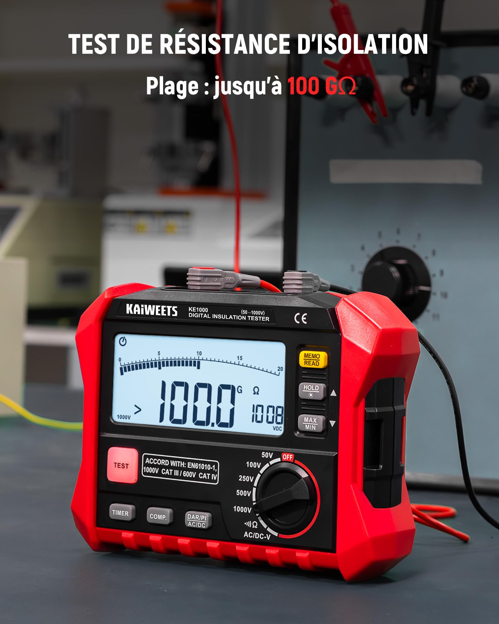 KAIWEETS Testeur de résistance d'isolement jusqu'à 100 GΩ 50 V/100 V/250 V/500 V/1000 V DAR/PI One Touch avec test de tension AC/DC pour moteurs solaires CVC