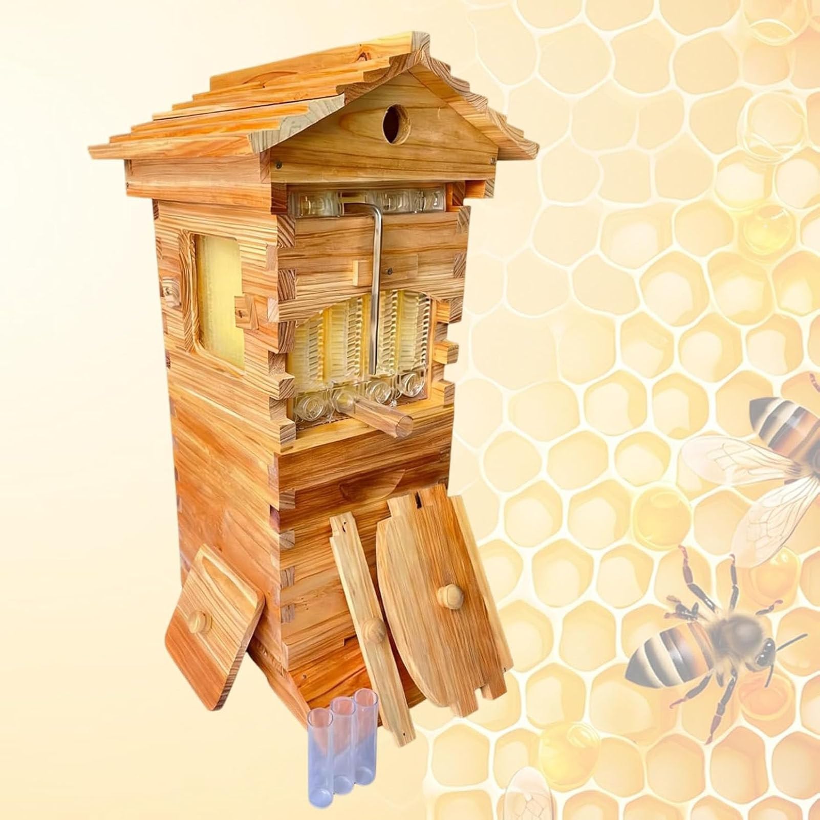 Caibendss Beehive Starter kit, Wooden Bee Hive House Beehive Box with Automatic Hive Flowing Frames, Complete Beekeeping Bee Box, for Beekeeping,Garden Pollinators