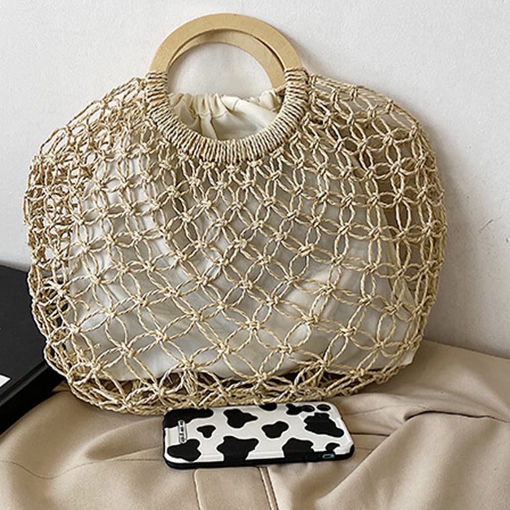 Bolsas De Playa Bolsas De Paja Bolsa De Paja Tejida A Mano, Mujer Beach Tejido De Bolso De Paja Mango Superior Hueco De Pesca De Crochet Bolso Neto De Color Caqui (Color : Khaki)